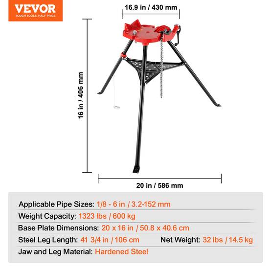 VEVOR Support tuyau/étau à chaîne 3.2-152mm, trépied acier pliable avec plateau à outils, pour cintrage tubes. - Image 7