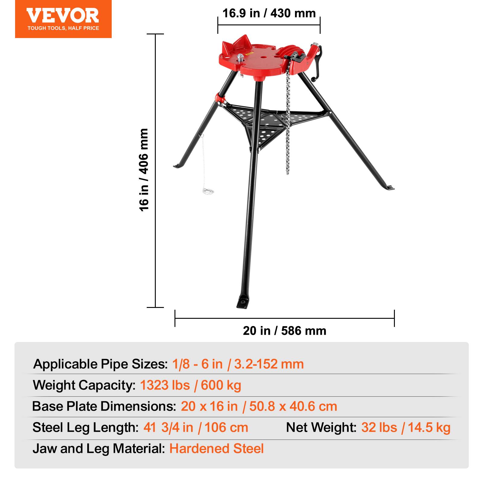 VEVOR Support tuyau/étau à chaîne 3.2-152mm, trépied acier pliable avec plateau à outils, pour cintrage tubes. - Image 7