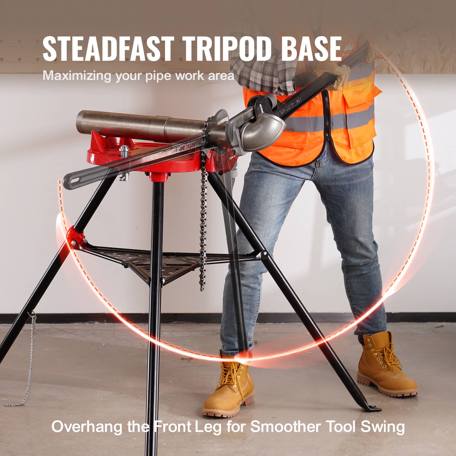 VEVOR Support tuyau/étau à chaîne 3.2-152mm, trépied acier pliable avec plateau à outils, pour cintrage tubes. - Image 4