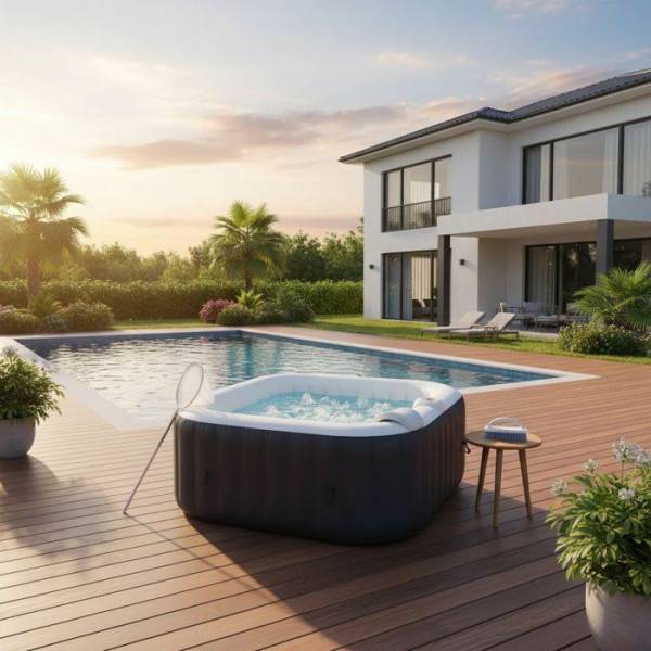 SUNSPA - KIT TOUT INCLUS SUNSPA: spa gonflable carré 6 places et accessoires : 4 appuis tetes, filtre, épuisette, brosse, tapis, couver - Image 2