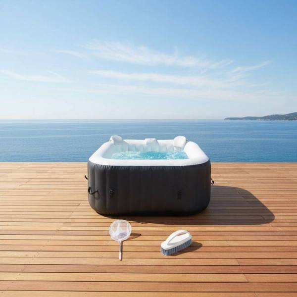 SUNSPA - KIT TOUT INCLUS SUNSPA: spa gonflable carré 6 places et accessoires : 4 appuis tetes, filtre, épuisette, brosse, tapis, couver - Image 3