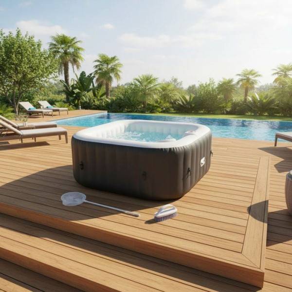 SUNSPA - KIT TOUT INCLUS SUNSPA: spa gonflable carré 6 places et accessoires : 4 appuis tetes, filtre, épuisette, brosse, tapis, couver - Image 5