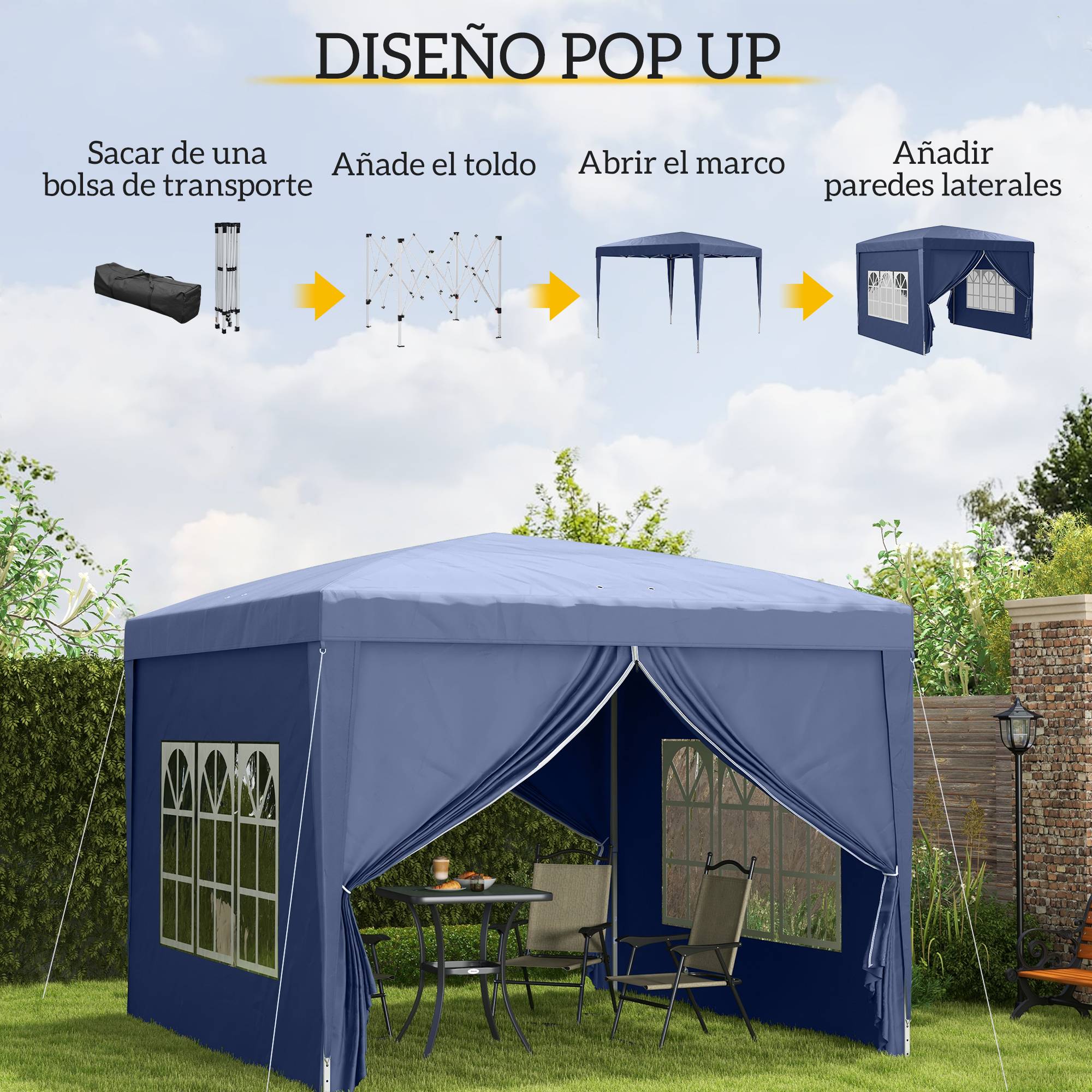 Tonnelle pliante avec 4 parois amovibles, 3 x 3 m, avec sac de transport, imperméable et anti-UV, bleue. - Image 6