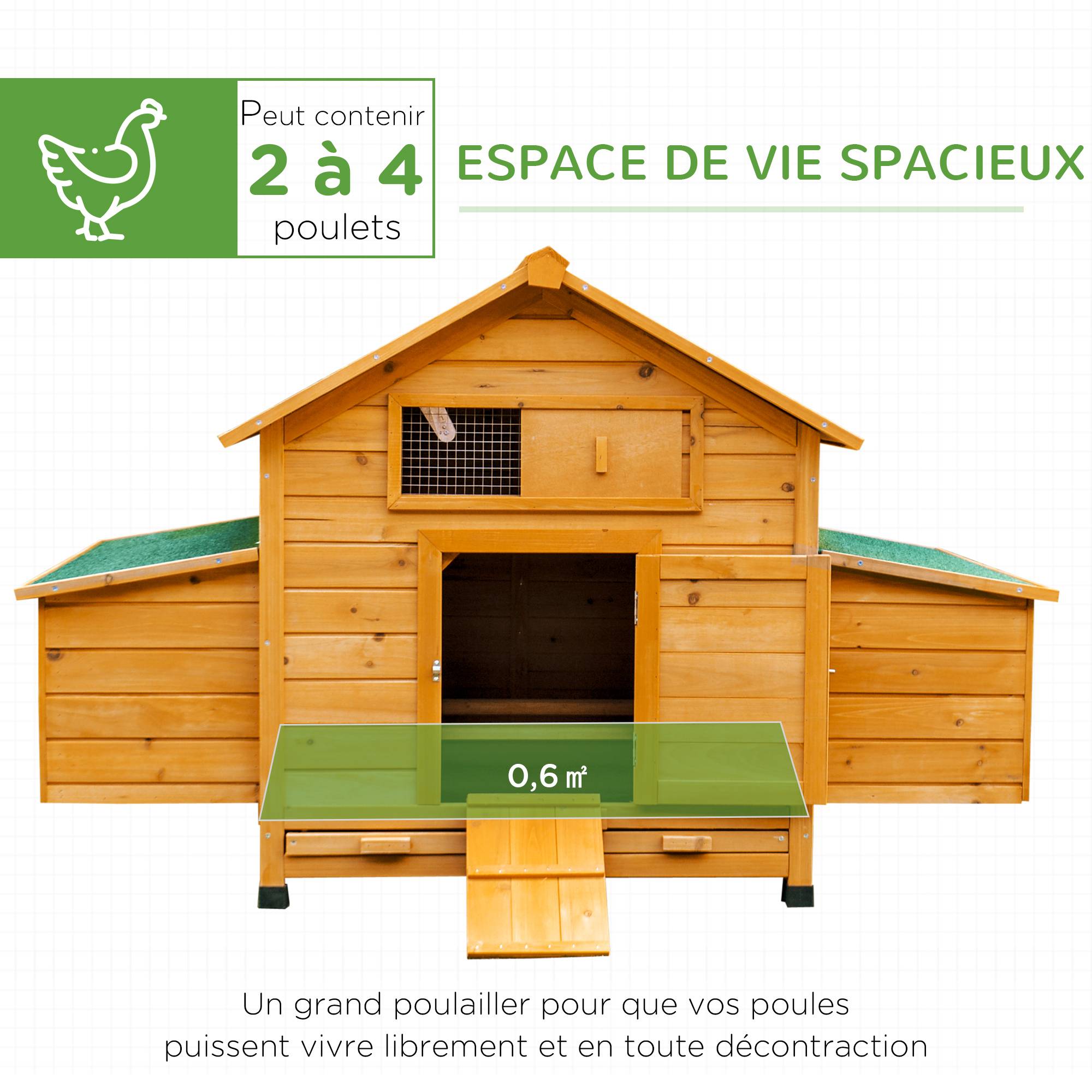 Poulailler en bois accueillant 4 poules, cage à poules avec pondoir, toit imperméable ouvrable, tiroir amovible, jaune - Image 6