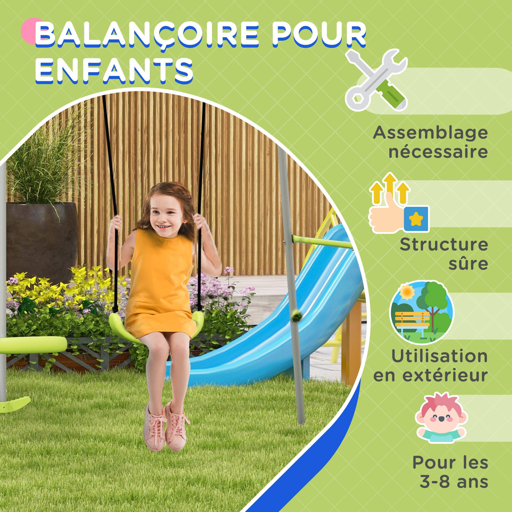 Outsunny - Balançoire 2 agrès portique avec balançoire et face à face dim. 2,55L x 1,6l x 1,8H m métal époxy PE gris vert - Outsunny - Image 5