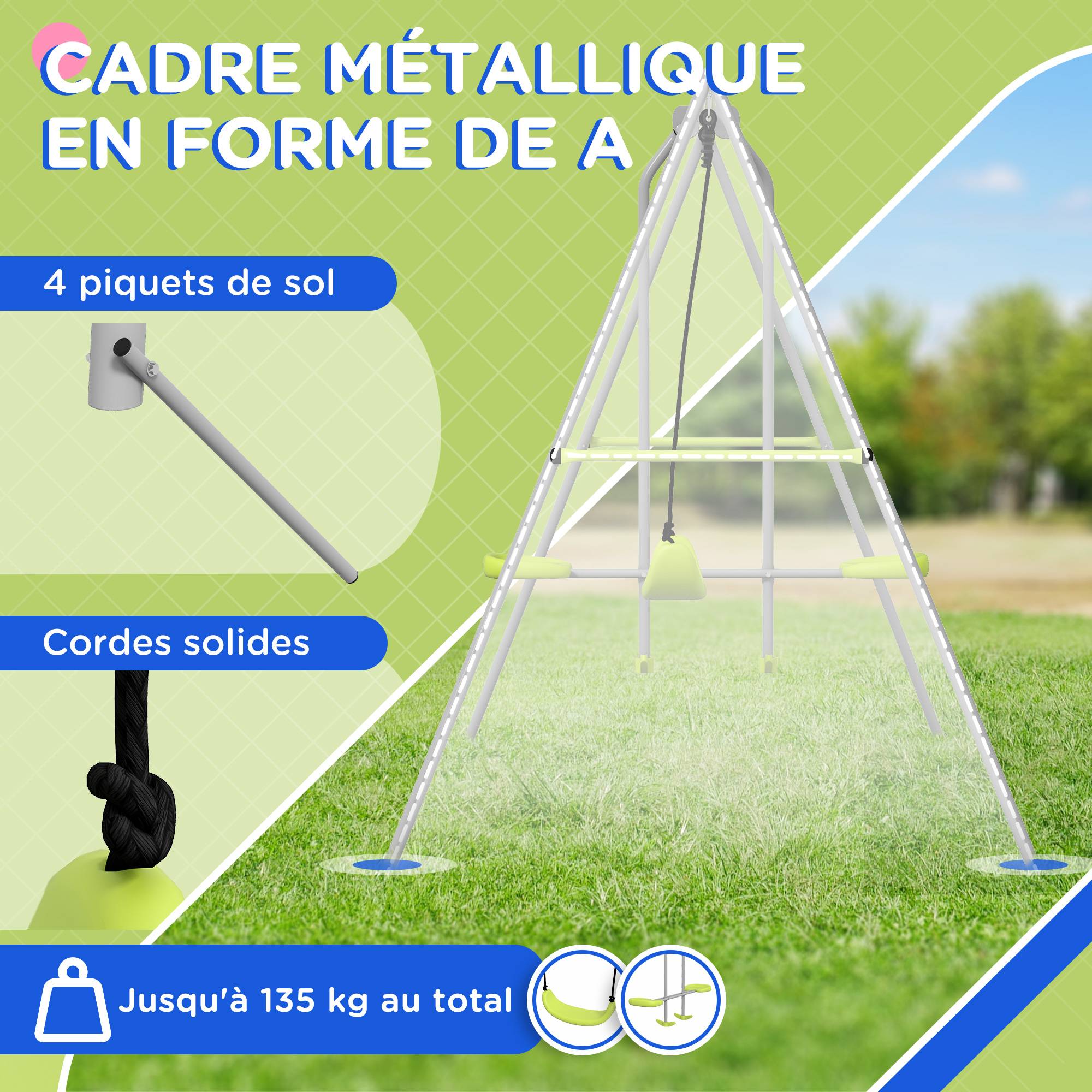 Outsunny - Balançoire 2 agrès portique avec balançoire et face à face dim. 2,55L x 1,6l x 1,8H m métal époxy PE gris vert - Outsunny - Image 4