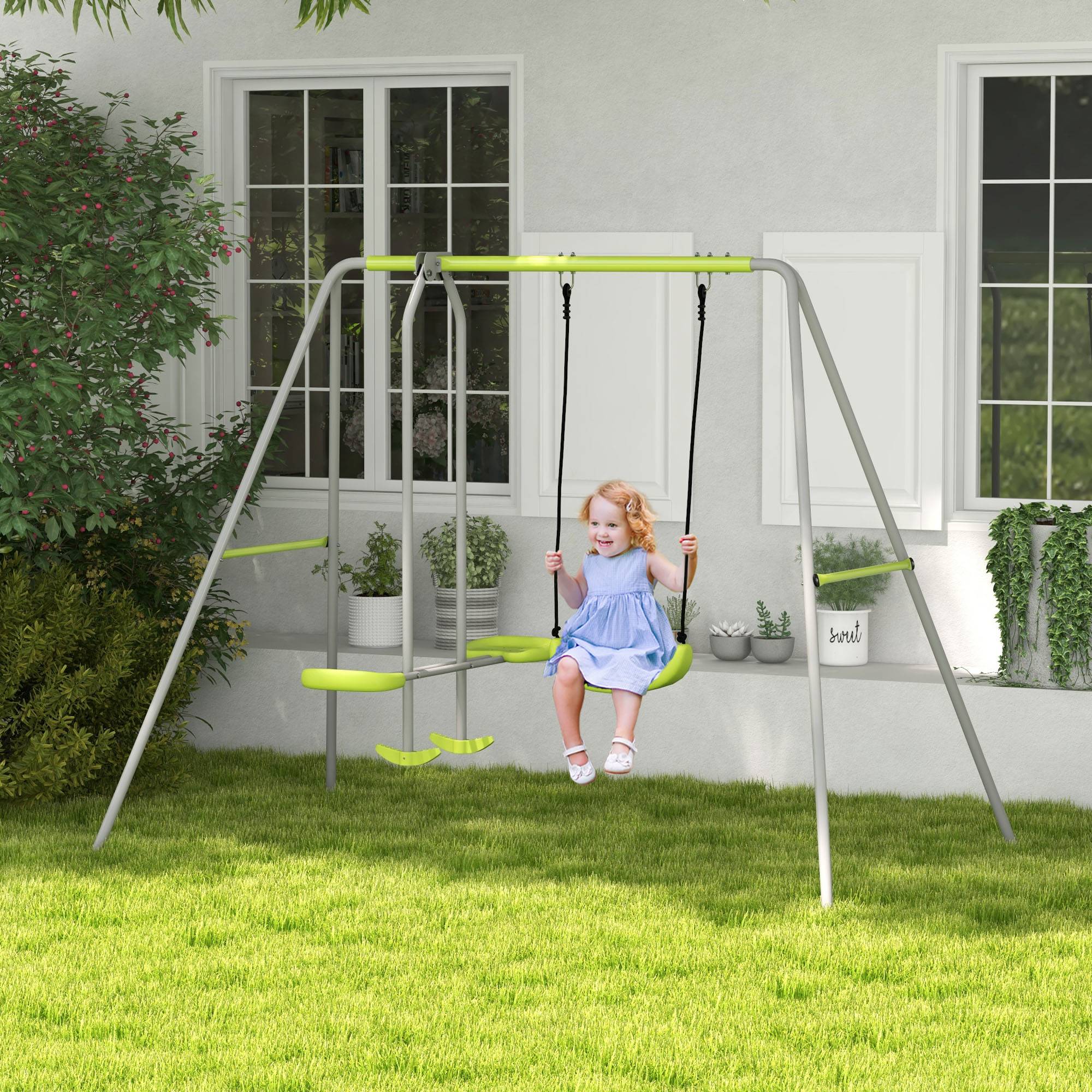 Outsunny - Balançoire 2 agrès portique avec balançoire et face à face dim. 2,55L x 1,6l x 1,8H m métal époxy PE gris vert - Outsunny - Image 2