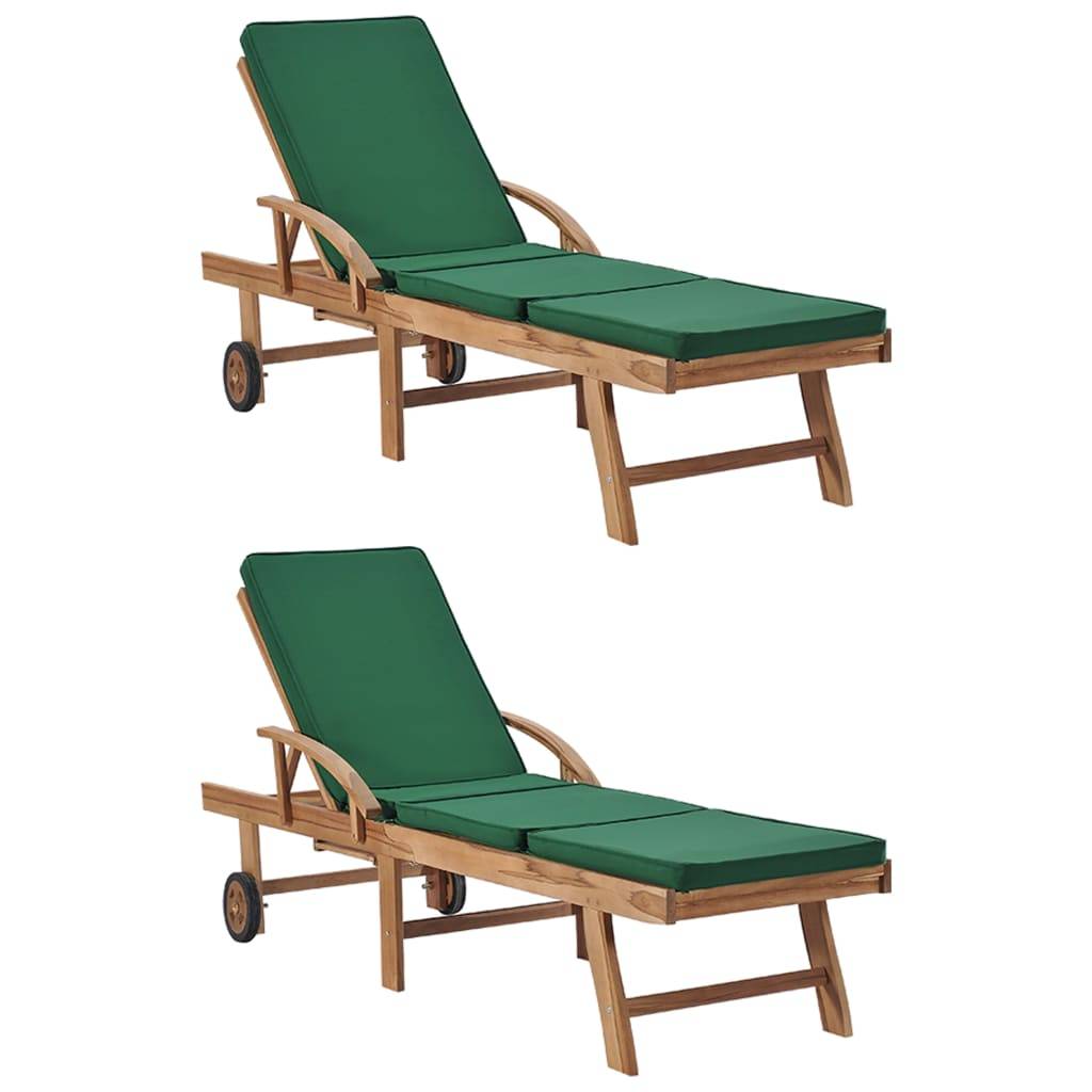 Helloshop26 - Lot de 2 transats chaise longue bain de soleil lit de jardin terrasse meuble d'extérieur avec coussins bois de teck solide vert - Image 1
