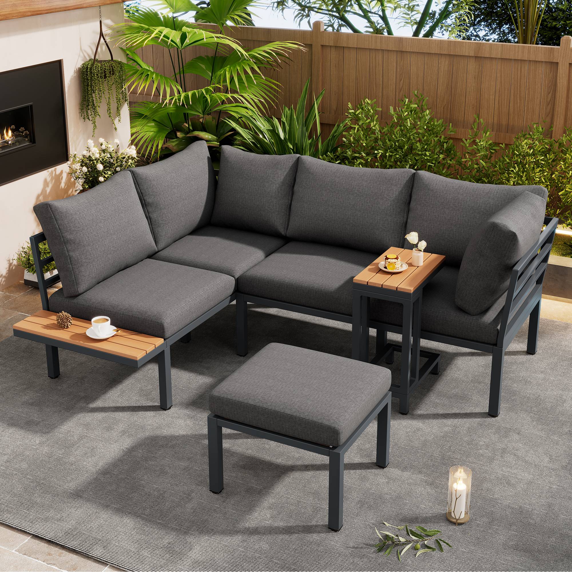 Salon de jardin angle acier galvanisé terrasse balcon canapé modulable gris noir - ComfortXL Outdoor Living - Image 1