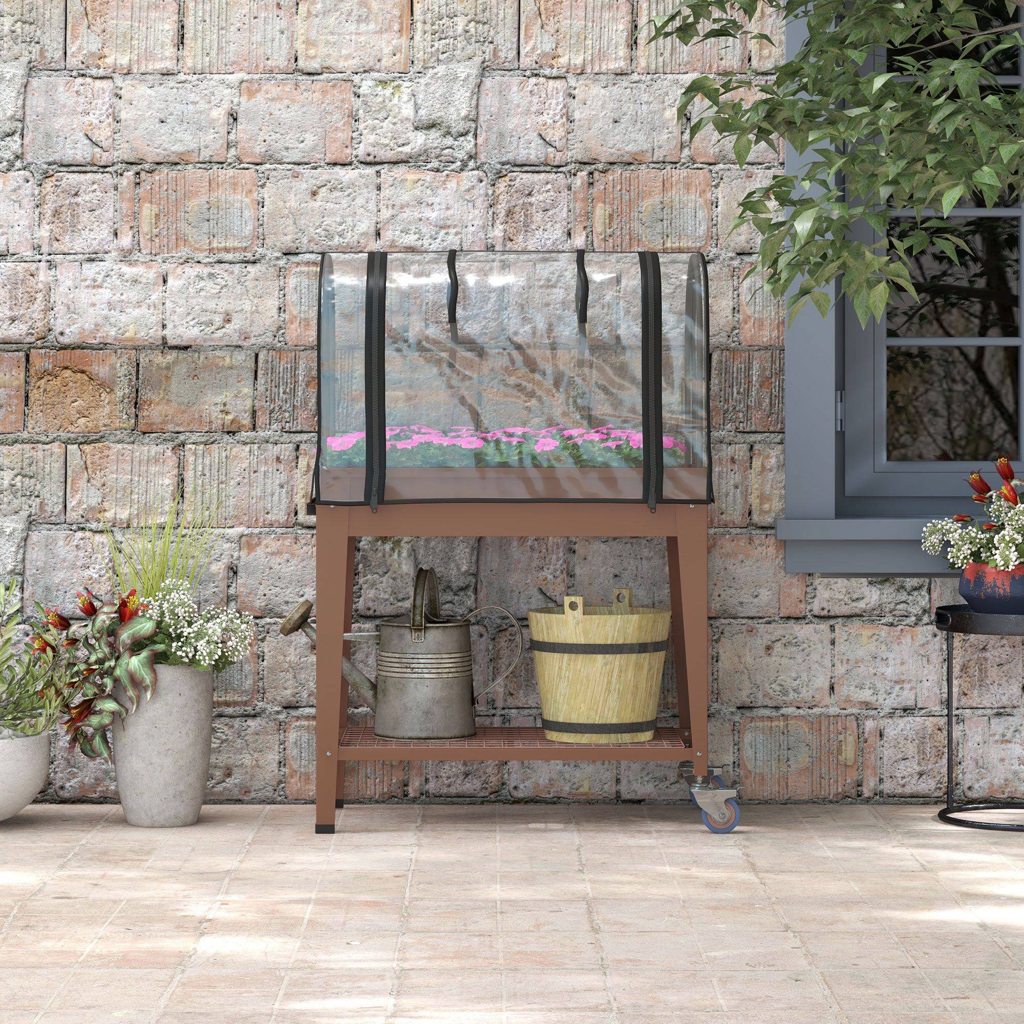 Jardinière surélevée avec bâche transparente, 2 roulettes et 1 étagère inférieure, dim. 80L x 40l x 120H cm - Image 10