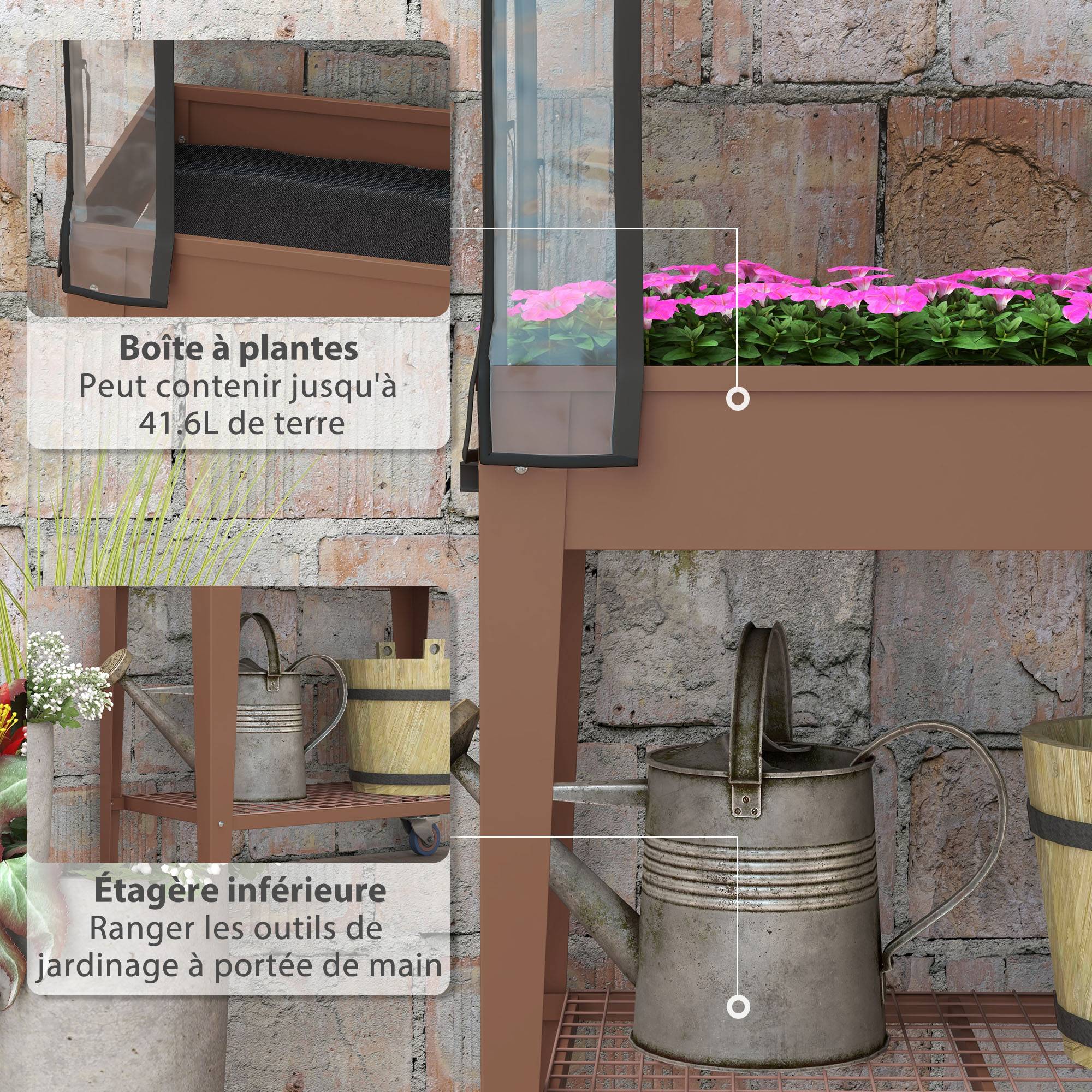 Jardinière surélevée avec bâche transparente, 2 roulettes et 1 étagère inférieure, dim. 80L x 40l x 120H cm - Image 7