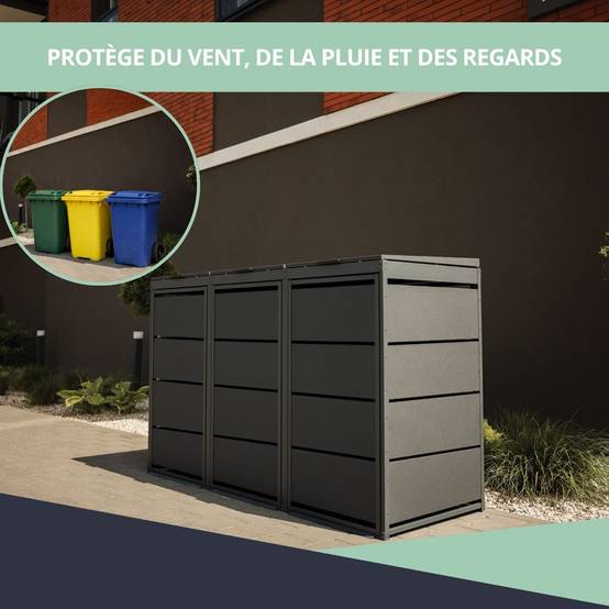 Cache poubelle extérieur triple en acier galvanisé - Abri poubelle pour 3 conteneurs 240 Litres - Anthracite RAL7016 - Image 4