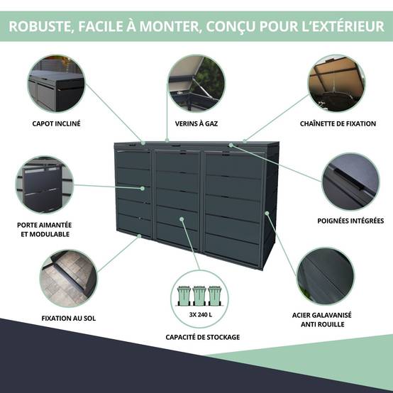 Cache poubelle extérieur triple en acier galvanisé - Abri poubelle pour 3 conteneurs 240 Litres - Anthracite RAL7016 - Image 5