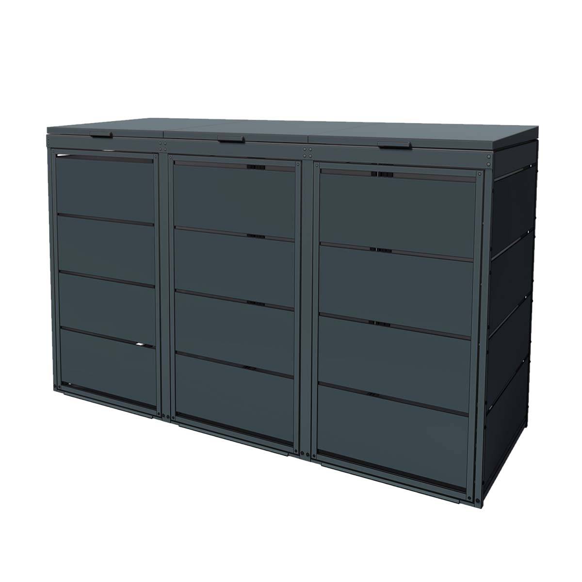 Cache poubelle extérieur triple en acier galvanisé - Abri poubelle pour 3 conteneurs 240 Litres - Anthracite RAL7016 - Image 1
