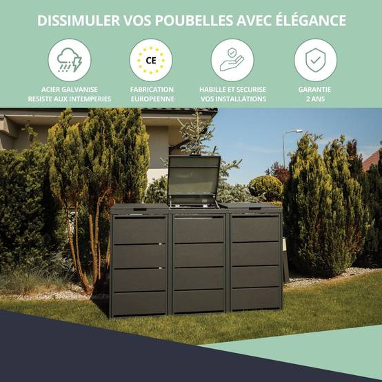 Cache poubelle extérieur triple en acier galvanisé - Abri poubelle pour 3 conteneurs 240 Litres - Anthracite RAL7016 - Image 7