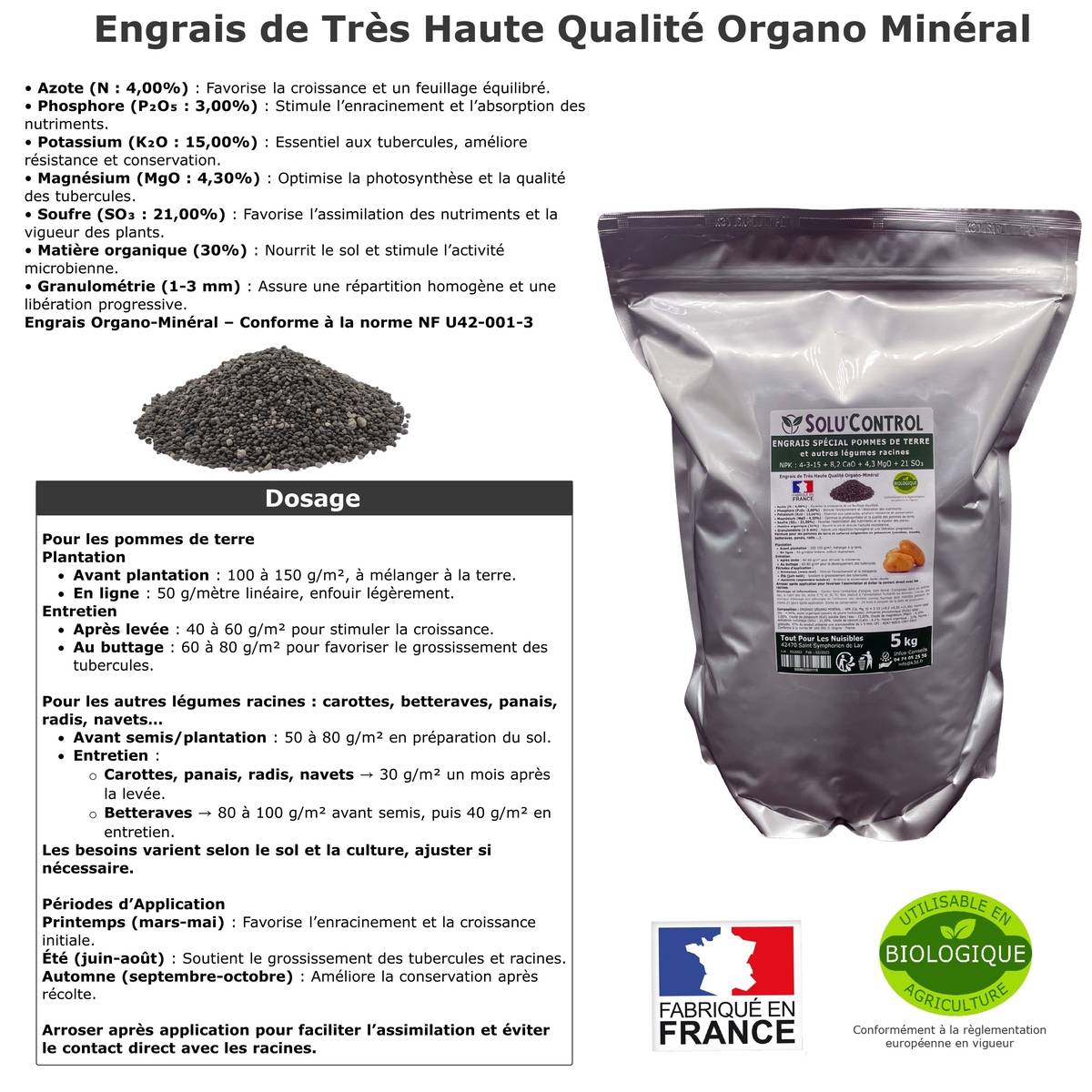 SOLU’CONTROL - 5 kg d'engrais spécial pommes de terre et légumes racines 4-3-15 - enrichi en potasse - croissance, grossissement - UAB - Image 3