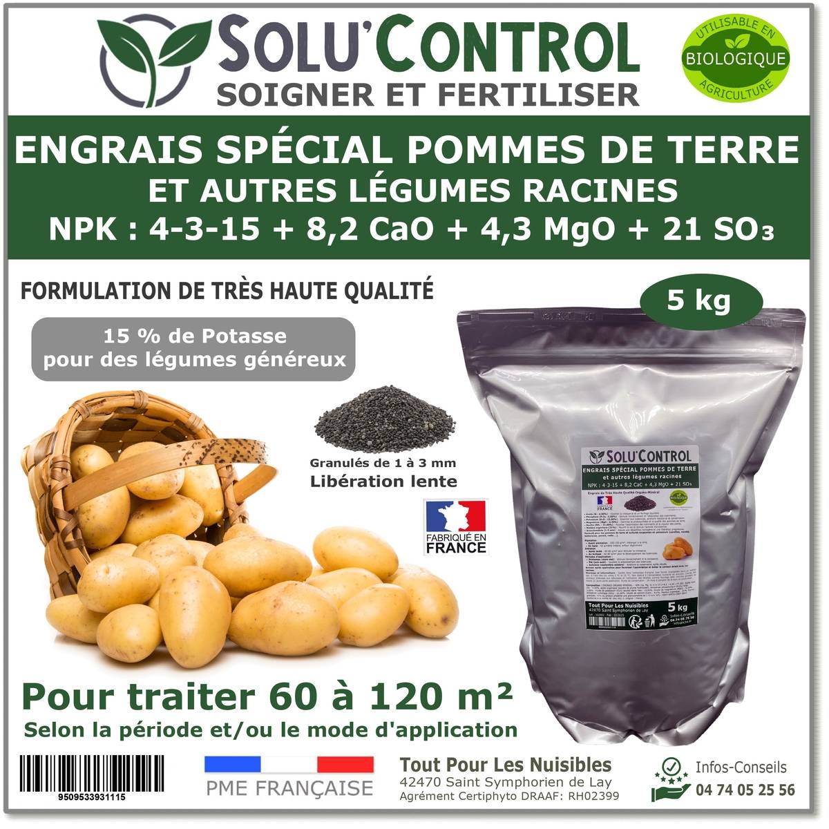 SOLU’CONTROL - 5 kg d'engrais spécial pommes de terre et légumes racines 4-3-15 - enrichi en potasse - croissance, grossissement - UAB - Image 1