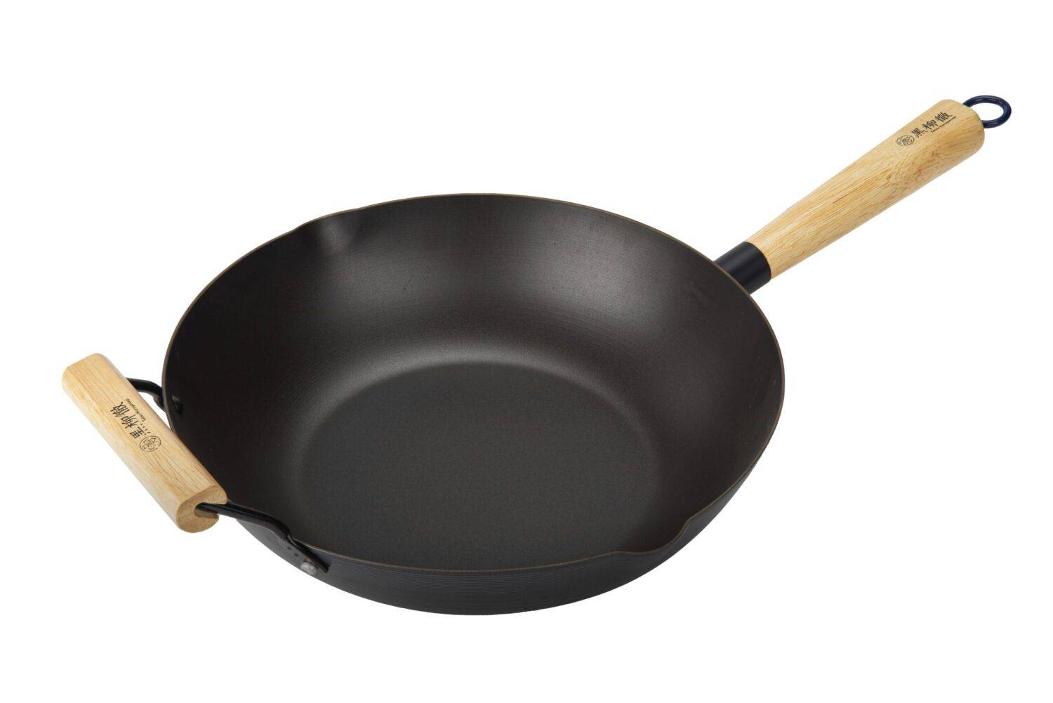 Wok avec poignée en bois et poignée auxiliaire - 28 cm - Compatible toutes plaques de cuisson - Tetsu-Kuroyanaki - Image 1