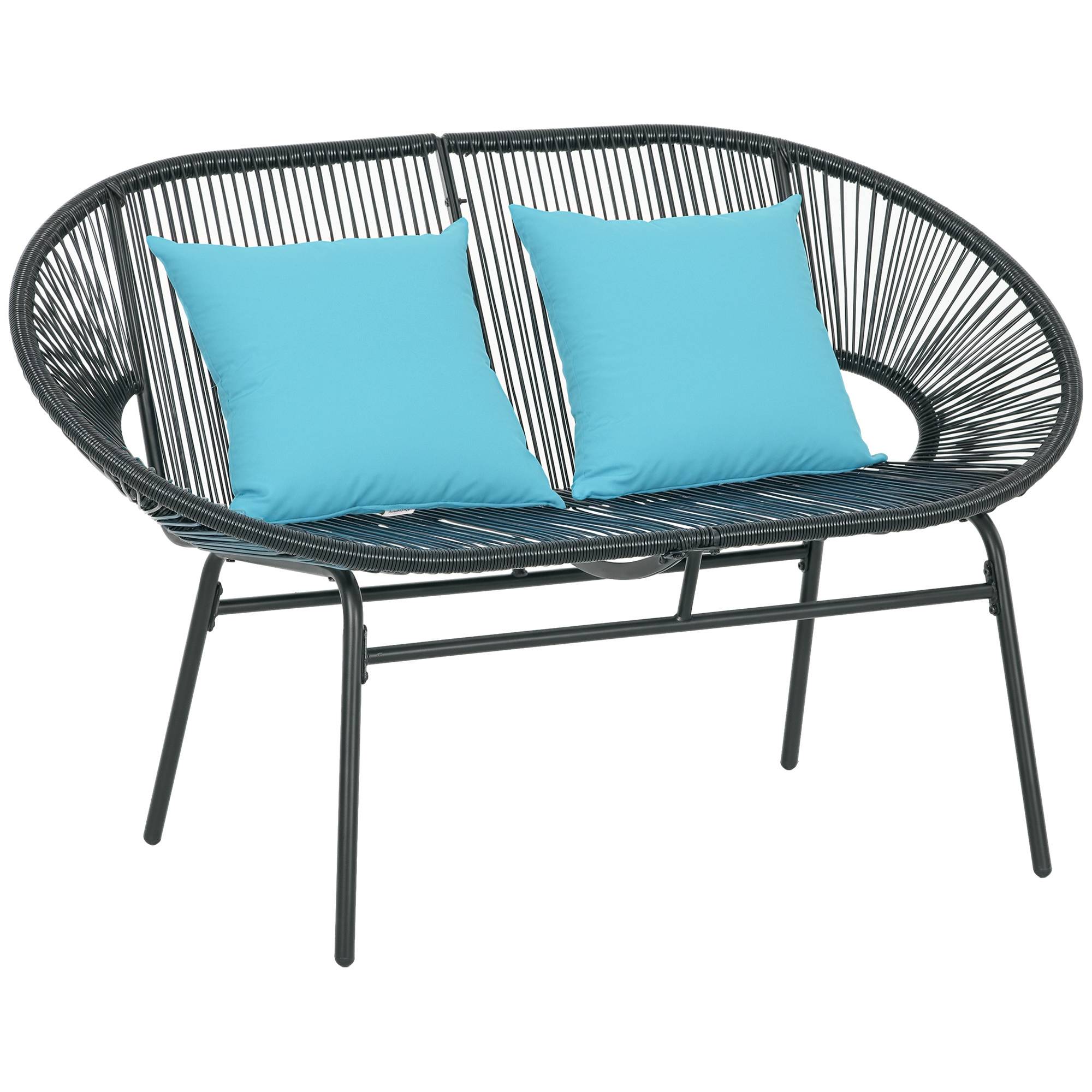 Sans Marque - Banquette banc de jardin 2 places en métal et cordage en résine avec 2 coussins - dim. 132L x 72l x 83H cm - noir - Image 1