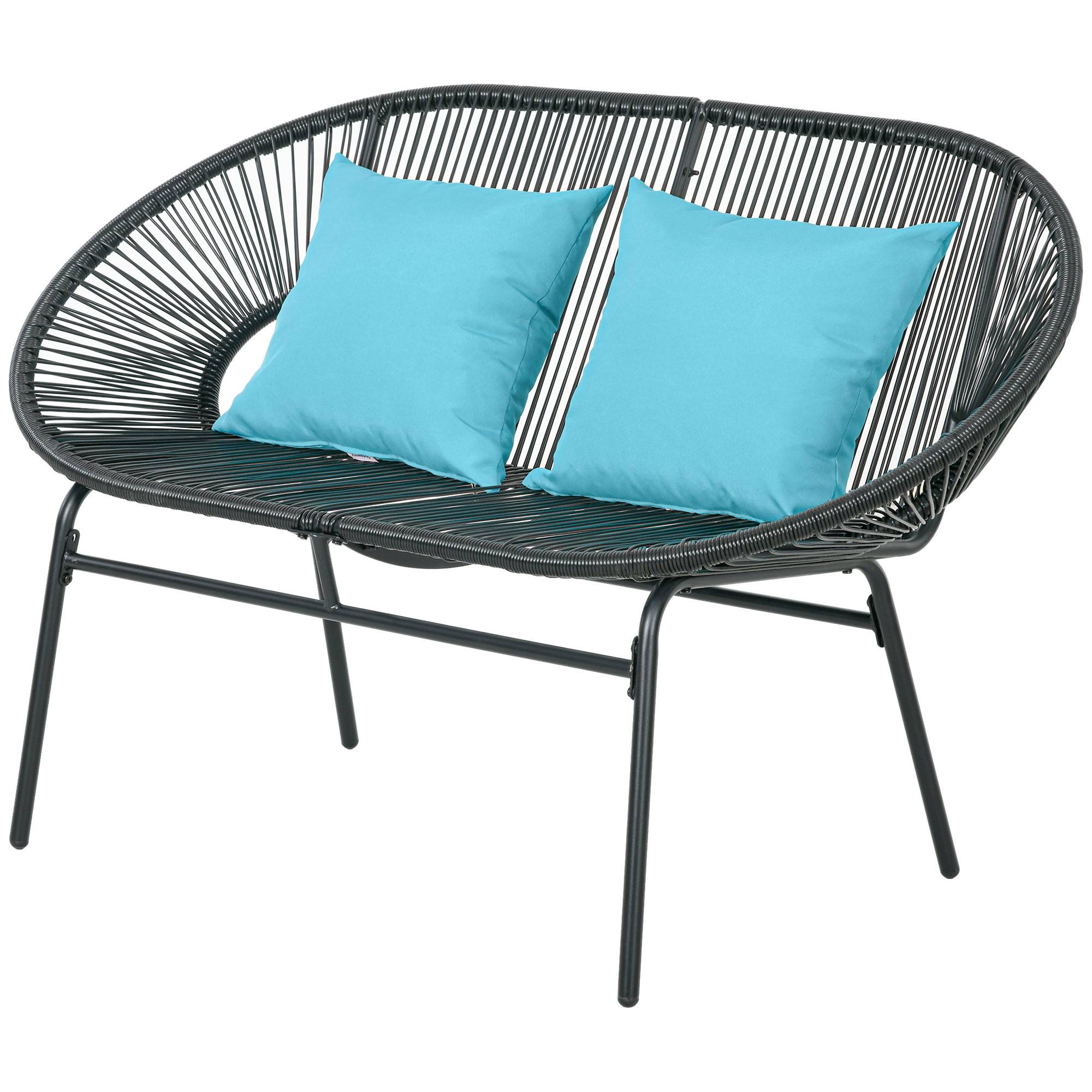 Sans Marque - Banquette banc de jardin 2 places en métal et cordage en résine avec 2 coussins - dim. 132L x 72l x 83H cm - noir - Image 2