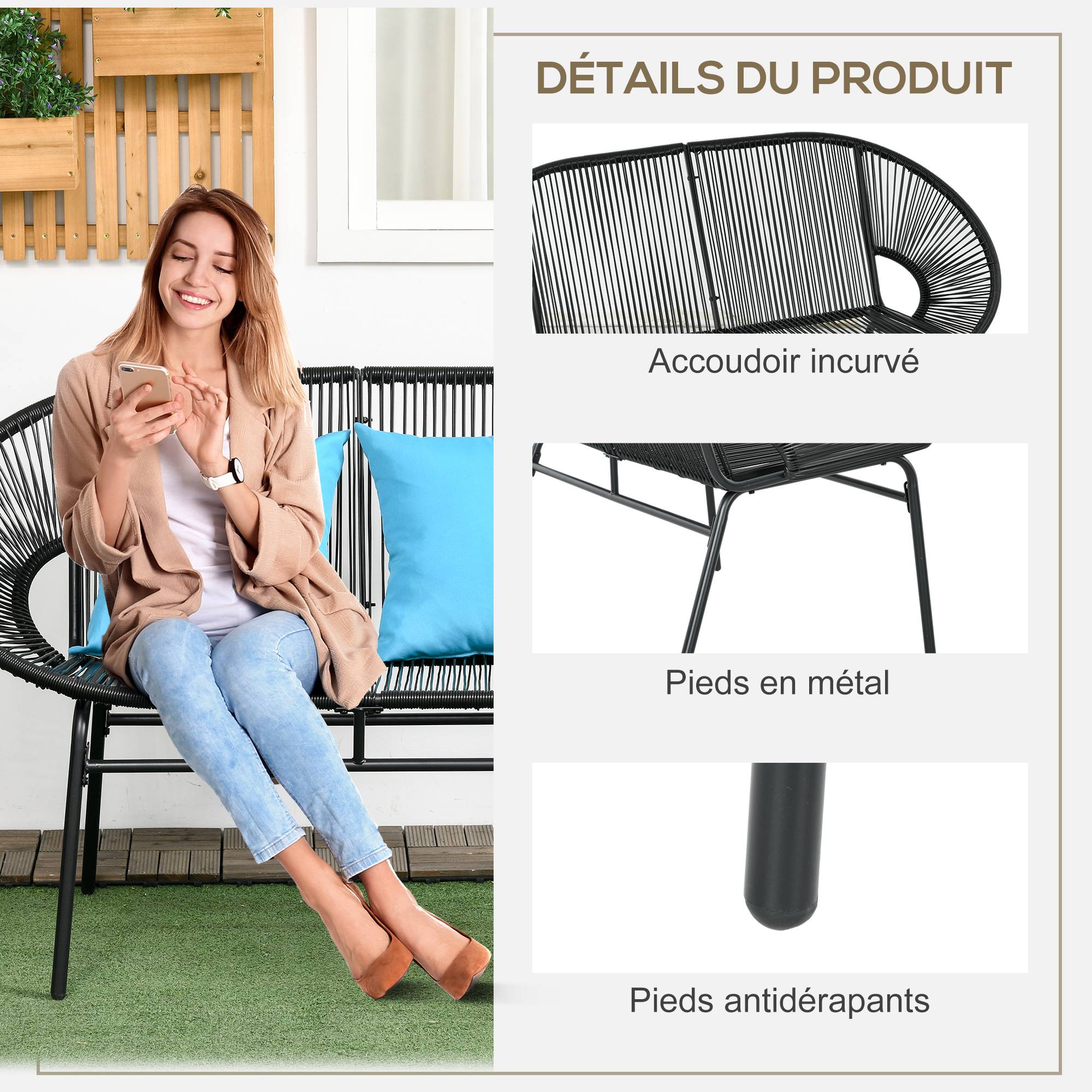 Sans Marque - Banquette banc de jardin 2 places en métal et cordage en résine avec 2 coussins - dim. 132L x 72l x 83H cm - noir - Image 8