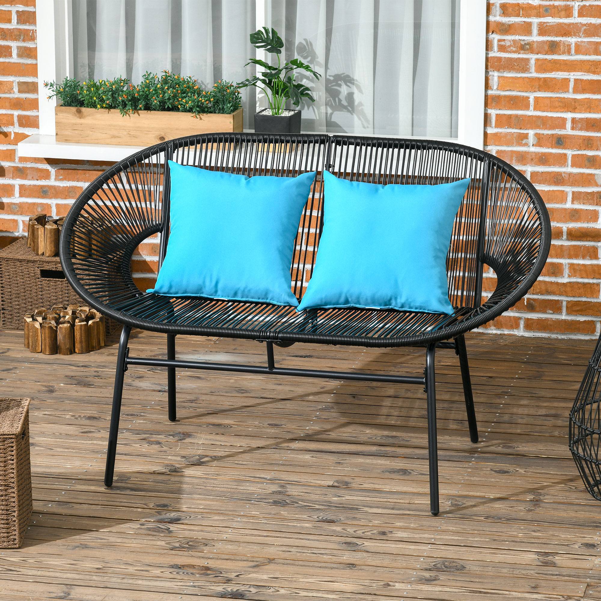 Sans Marque - Banquette banc de jardin 2 places en métal et cordage en résine avec 2 coussins - dim. 132L x 72l x 83H cm - noir - Image 3