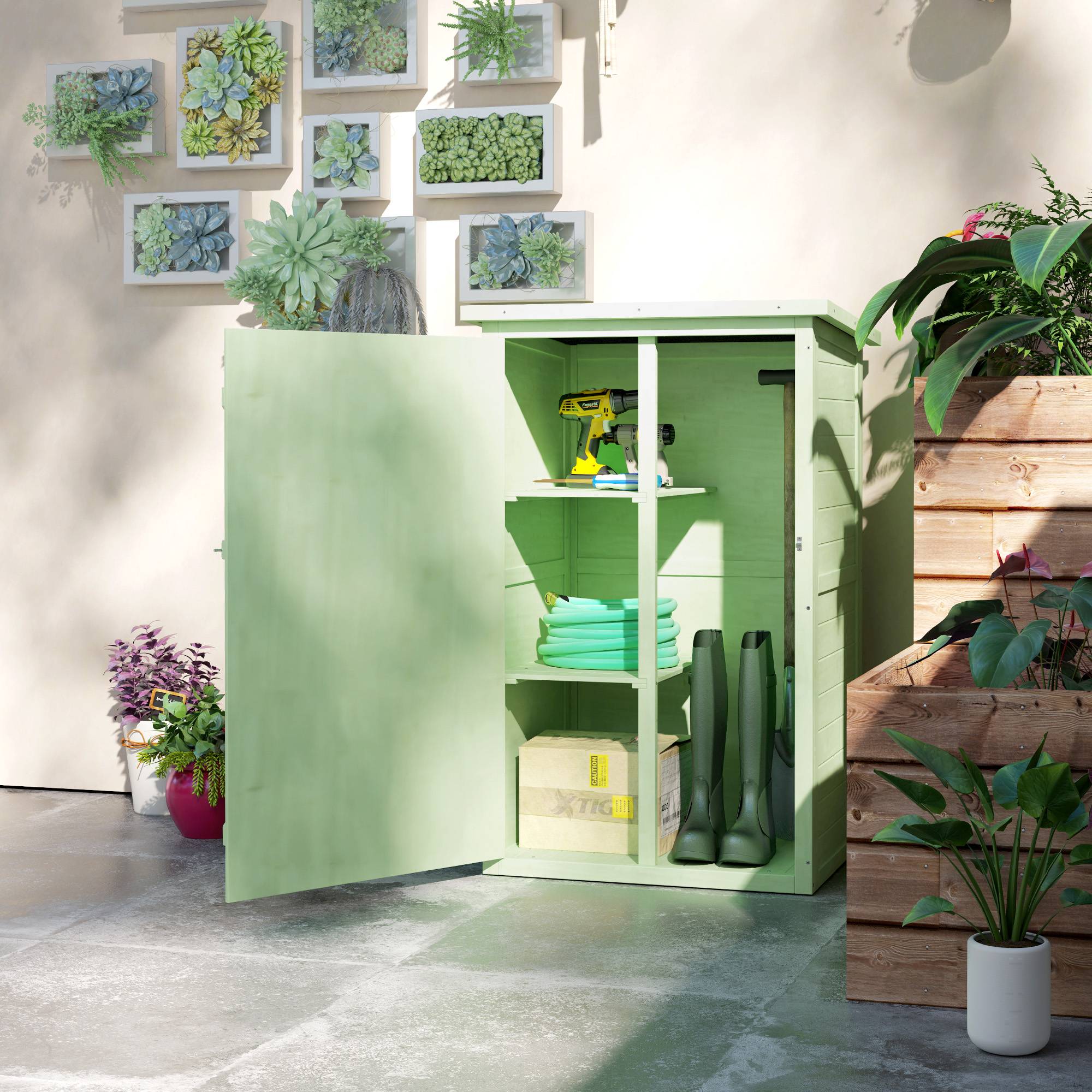 ComfortXL - Armoire de jardin en bois de sapin vert 75 x 56 x 115 cm rangement compact avec étagères et porte verrouillable - Image 8