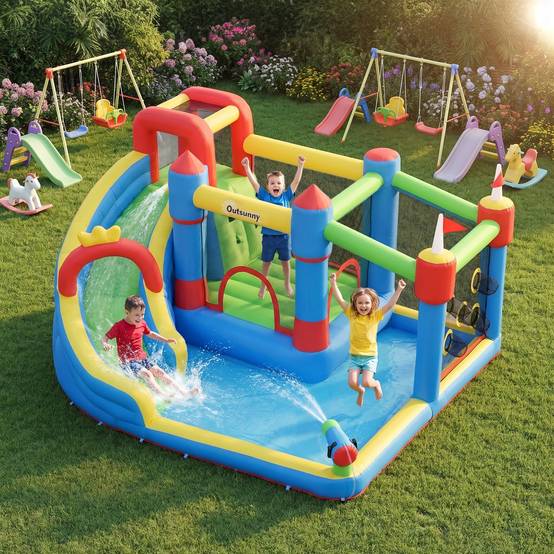 Château gonflable aire de jeux avec toboggan trampoline piscines + 3-8 ans 390 x 300 x 197 cm - multicolore - Image 3