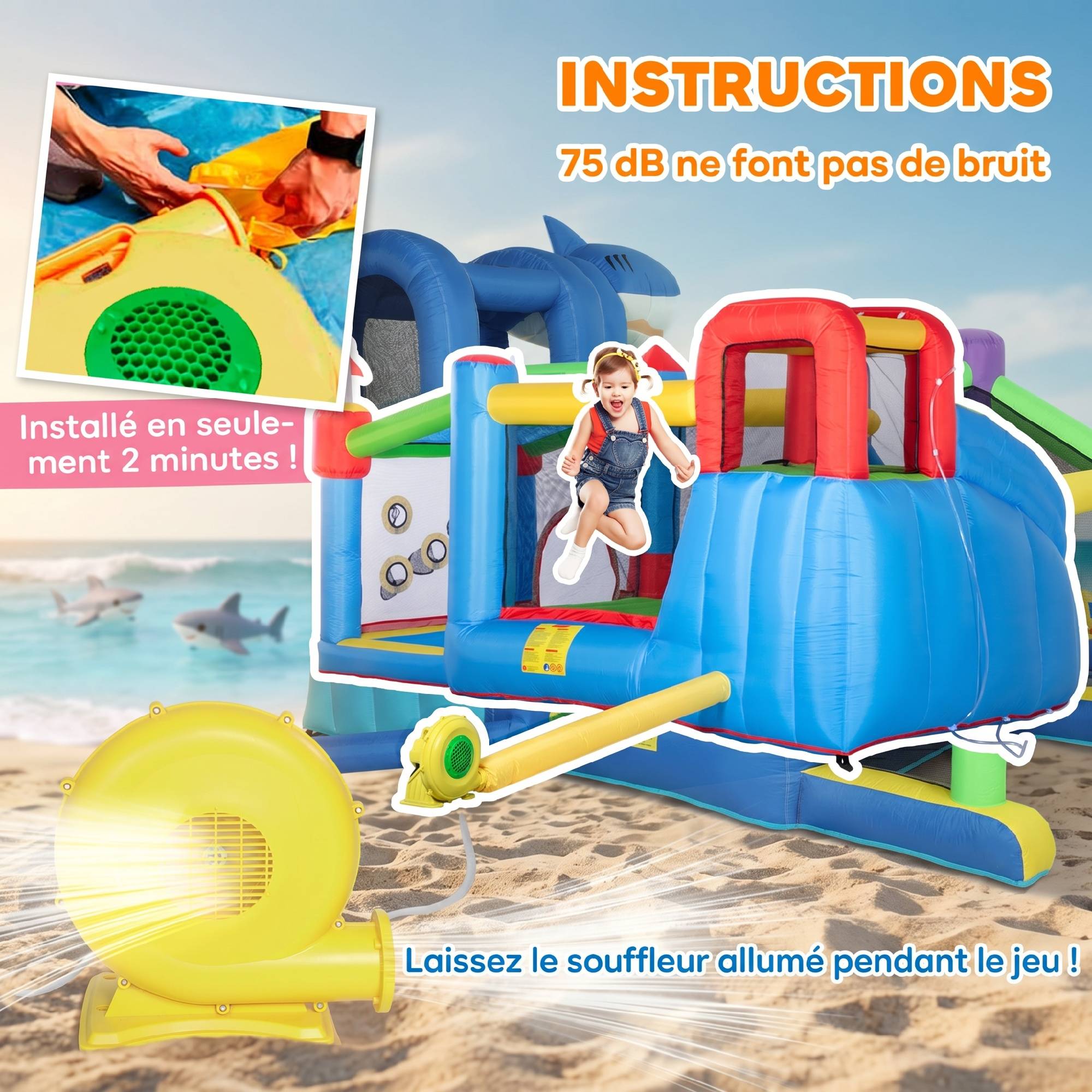 Château gonflable aire de jeux avec toboggan trampoline piscines + 3-8 ans 390 x 300 x 197 cm - multicolore - Image 9