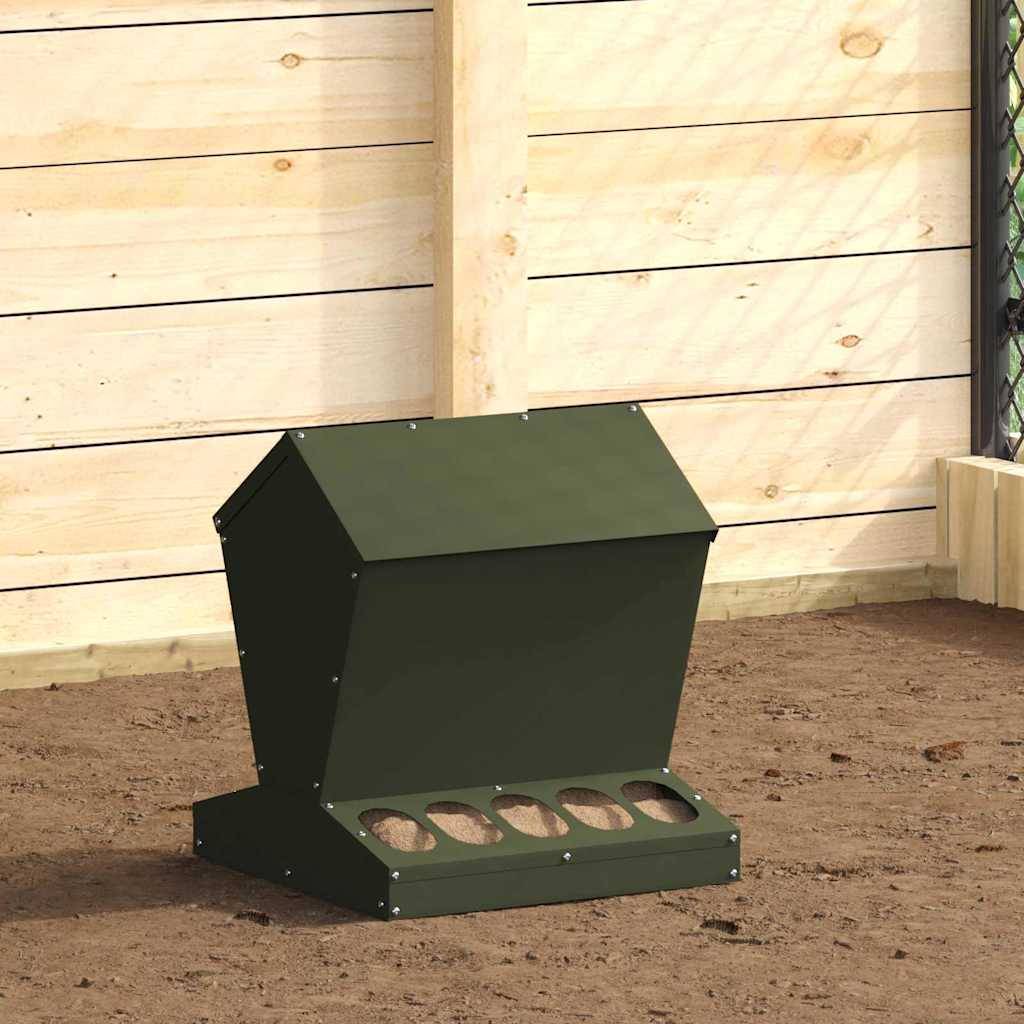 Distributeur Graines Métal Poule Robuste 5kg Vert Olive - ComfortXL Outdoor Living - Image 1