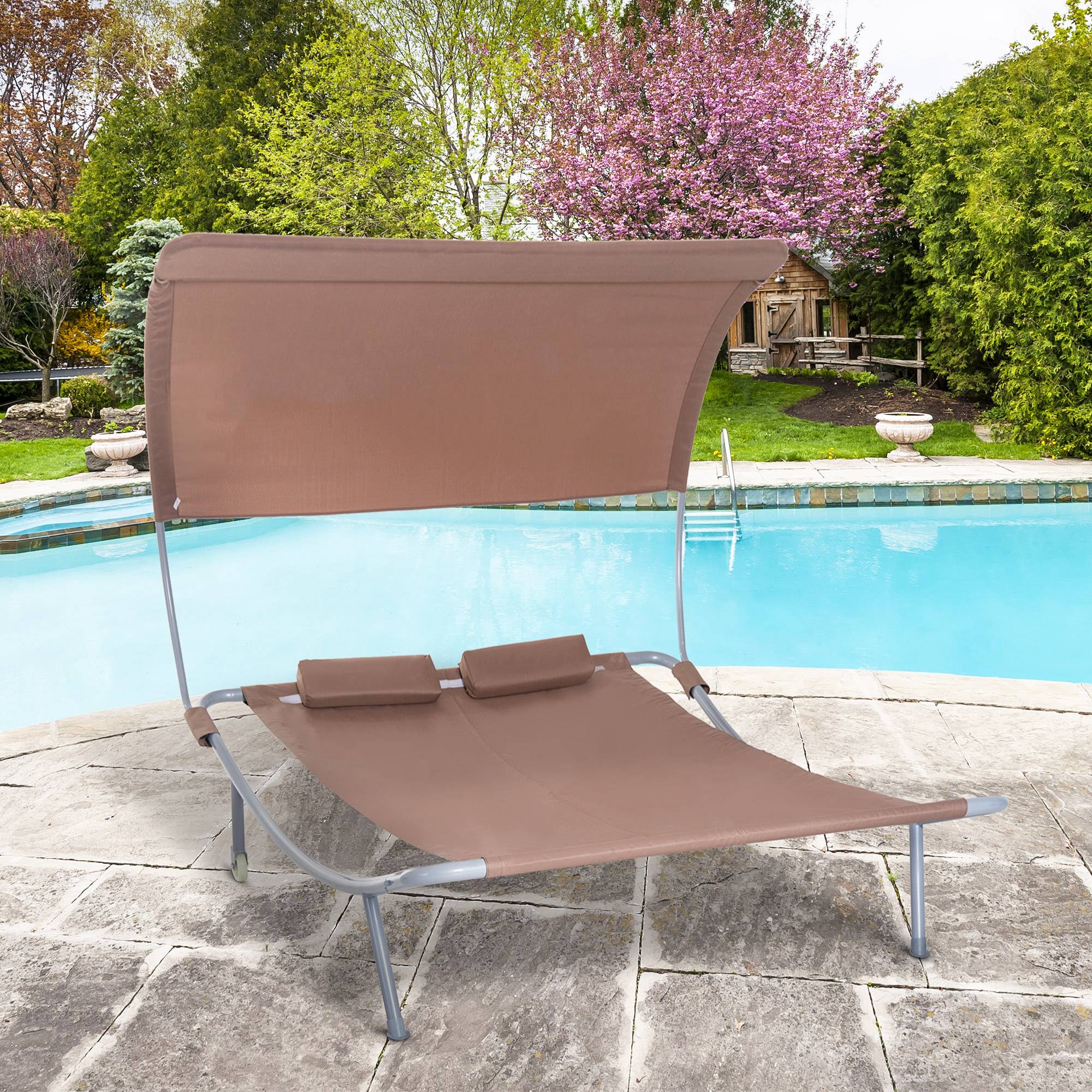 Bain de Soleil 2 Places Transat Contemporain Toit réglabl - 200x170x130cm Métal Marron foncé fr102 - Image 3