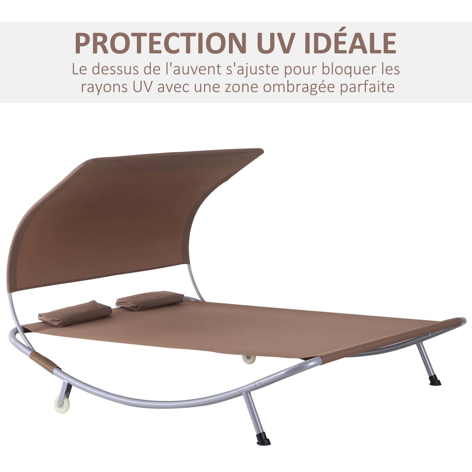 Bain de Soleil 2 Places Transat Contemporain Toit réglabl - 200x170x130cm Métal Marron foncé fr102 - Image 5