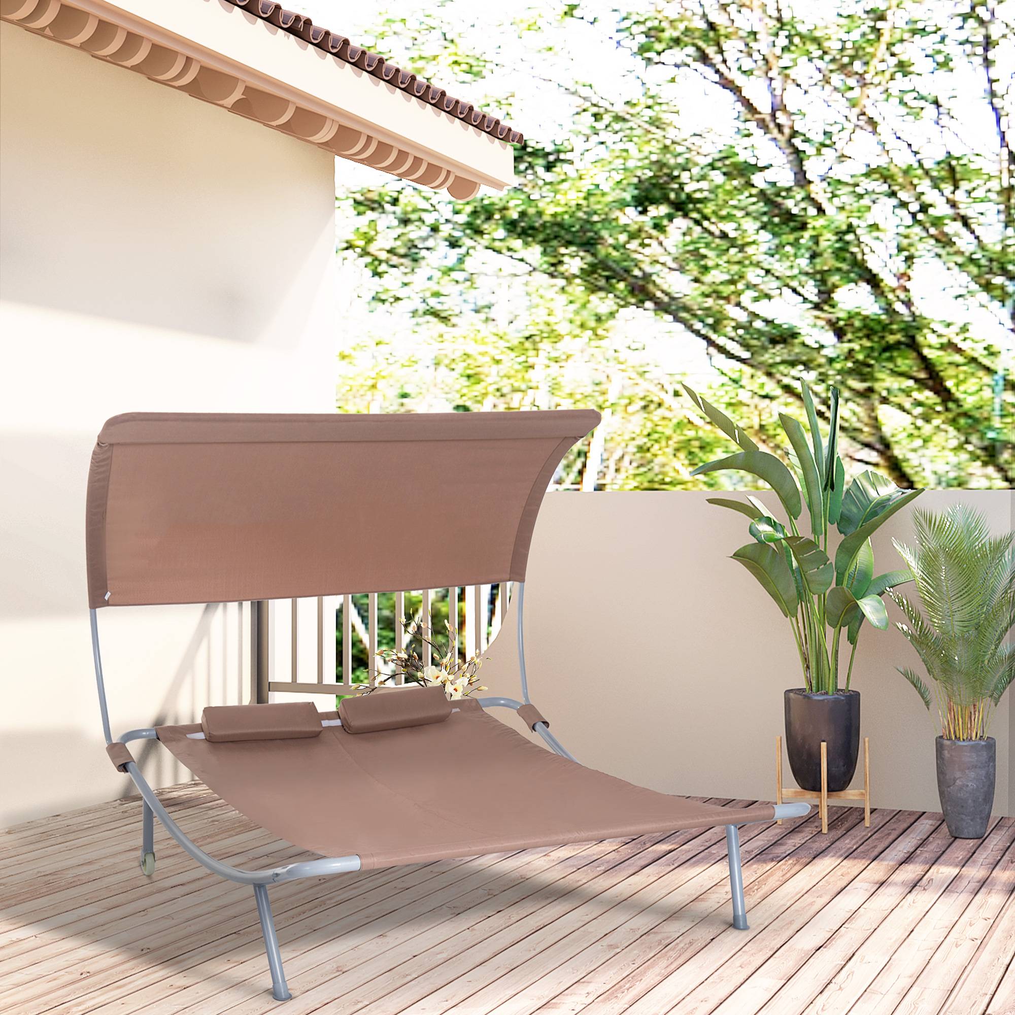 Bain de Soleil 2 Places Transat Contemporain Toit réglabl - 200x170x130cm Métal Marron foncé fr102 - Image 2