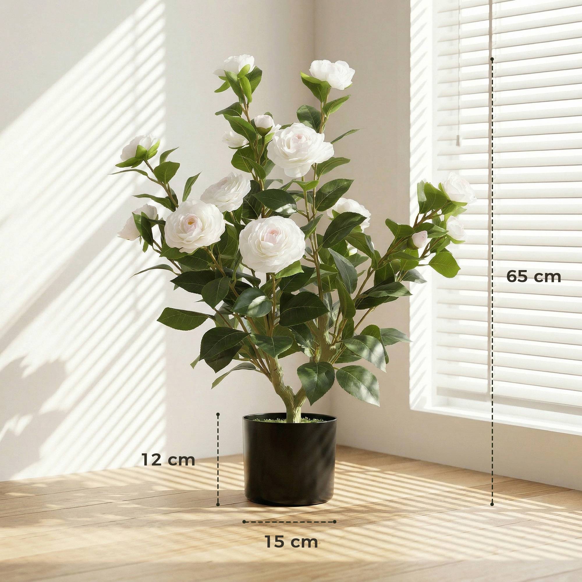 Sans Marque - Camélia artificiel 65 cm pot fleurs réalistes 116 feuilles mousse blanche - Image 5