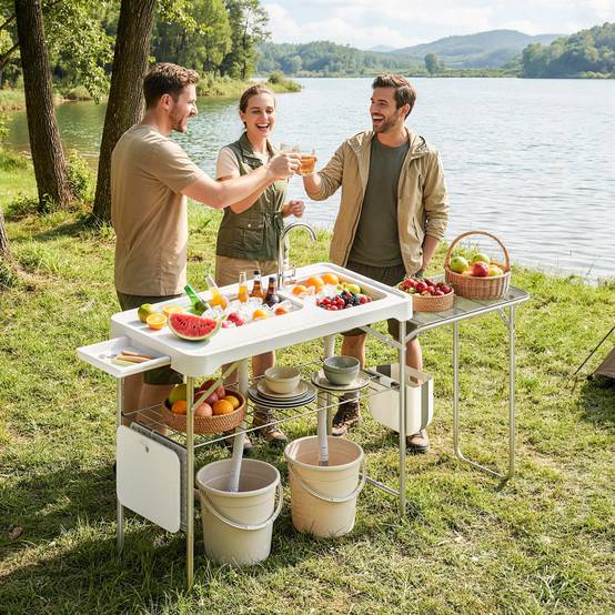 Table de nettoyage de poisson pliante et portable avec 2 éviers, robinet, tuyau, étagère latérale, panier et fentes, blanche - Image 3