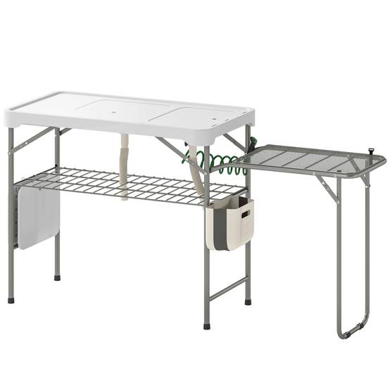 Table de nettoyage de poisson pliante et portable avec 2 éviers, robinet, tuyau, étagère latérale, panier et fentes, blanche - Image 2