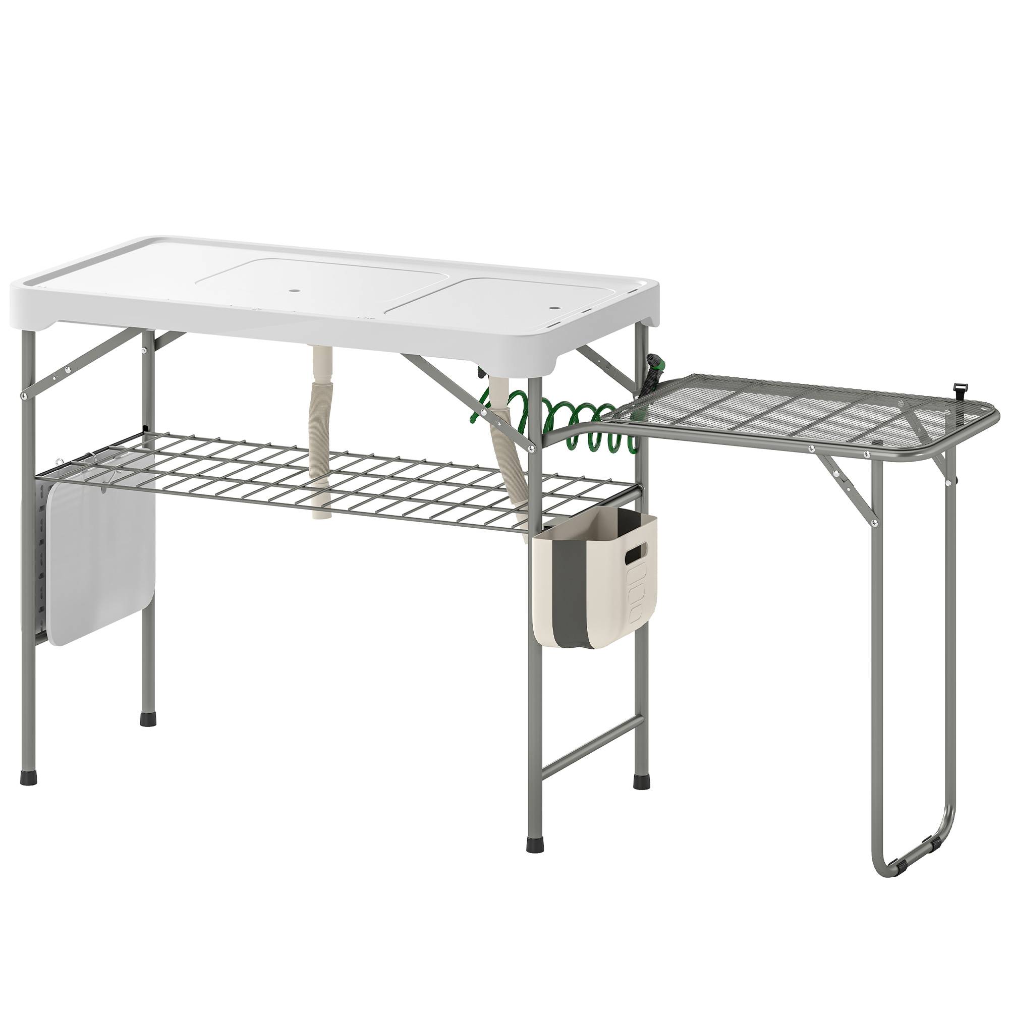 Table de nettoyage de poisson pliante et portable avec 2 éviers, robinet, tuyau, étagère latérale, panier et fentes, blanche - Image 2