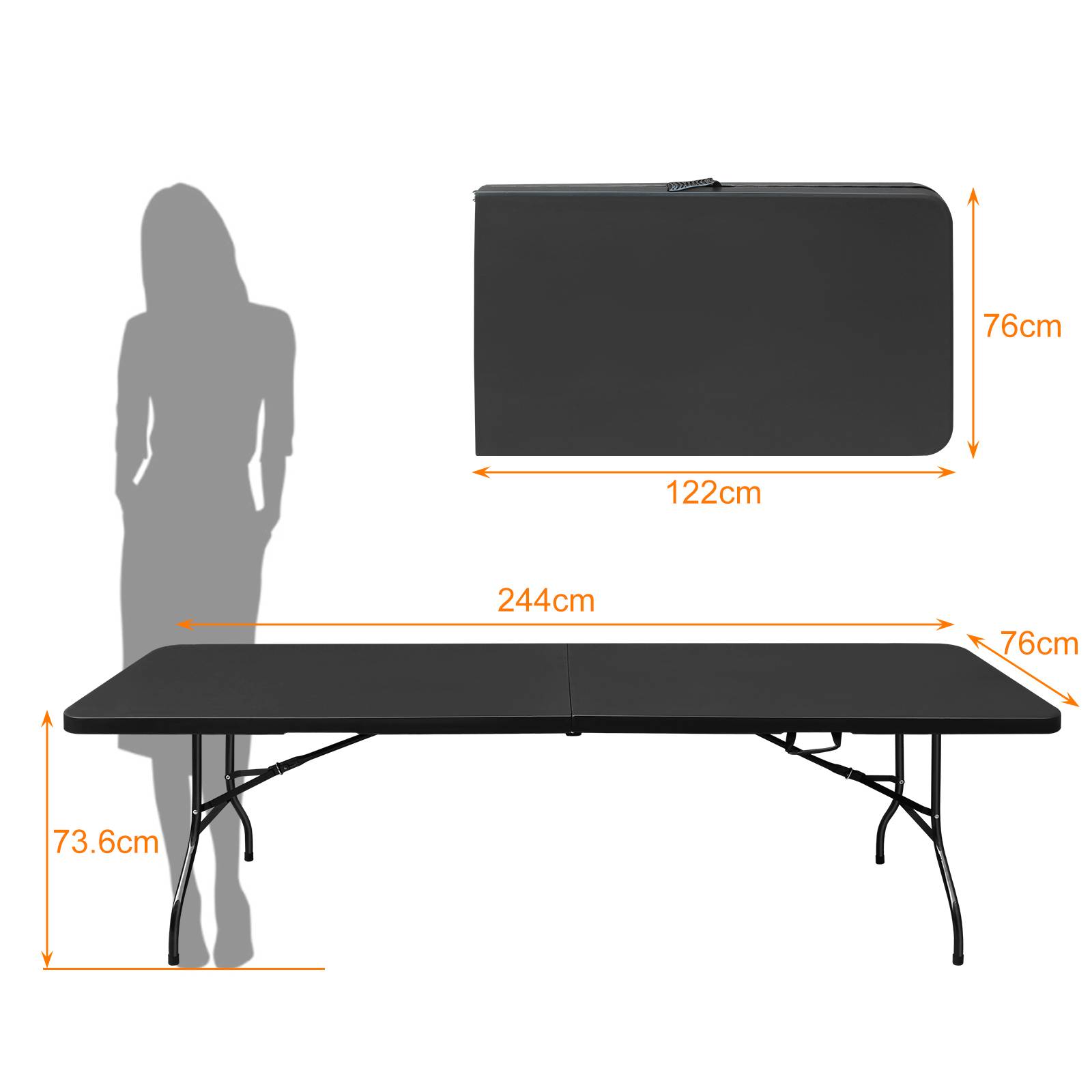 Table pliante 244cm portable avec poignée, adaptée fêtes camping, charge 135kg noire - Image 6