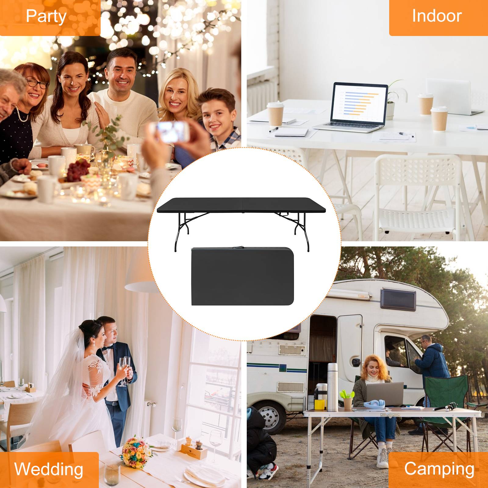 Table pliante 244cm portable avec poignée, adaptée fêtes camping, charge 135kg noire - Image 7