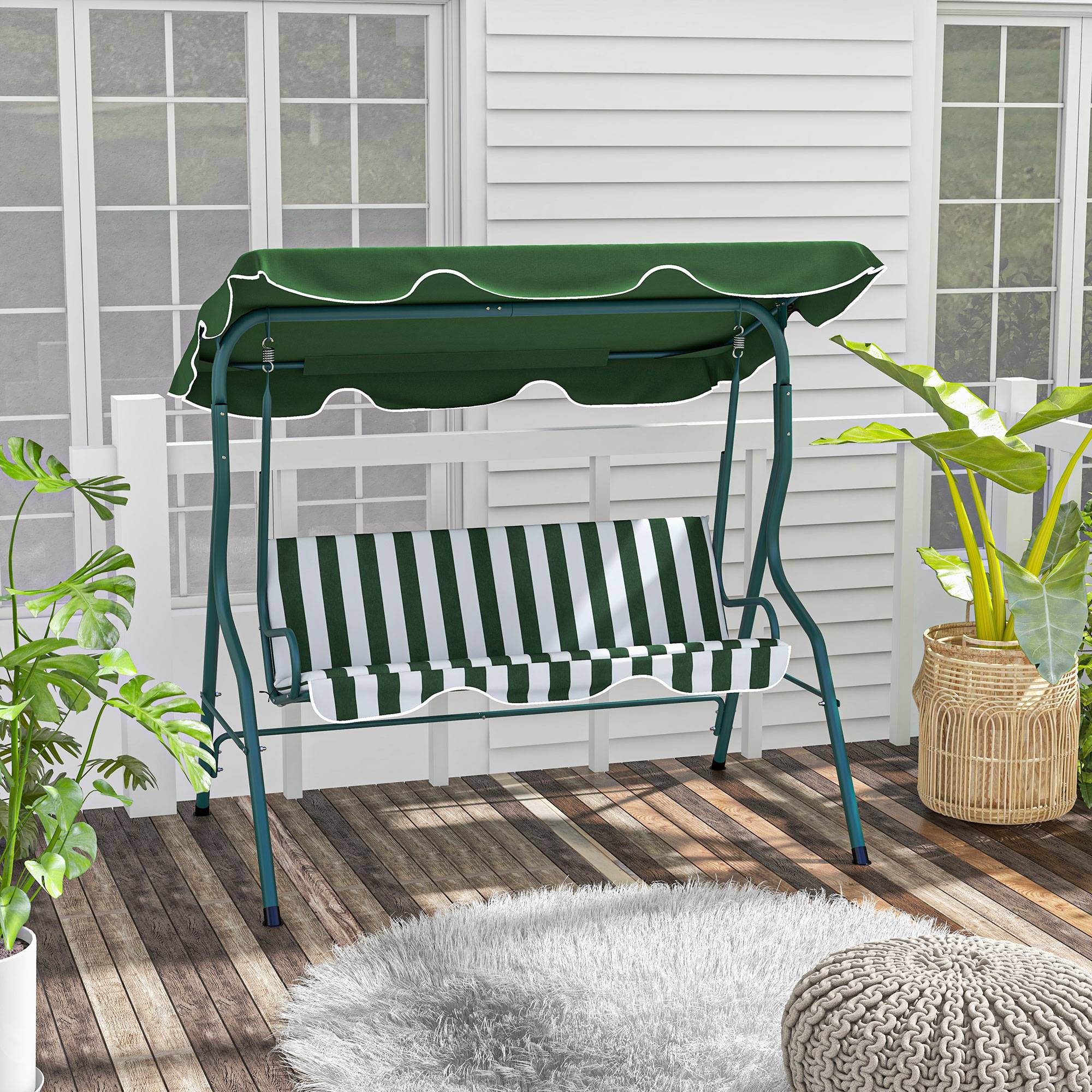 Outsunny - Balancelle de jardin 3 places coussins assise dossier vert blanc rayé - Outsunny - Image 2