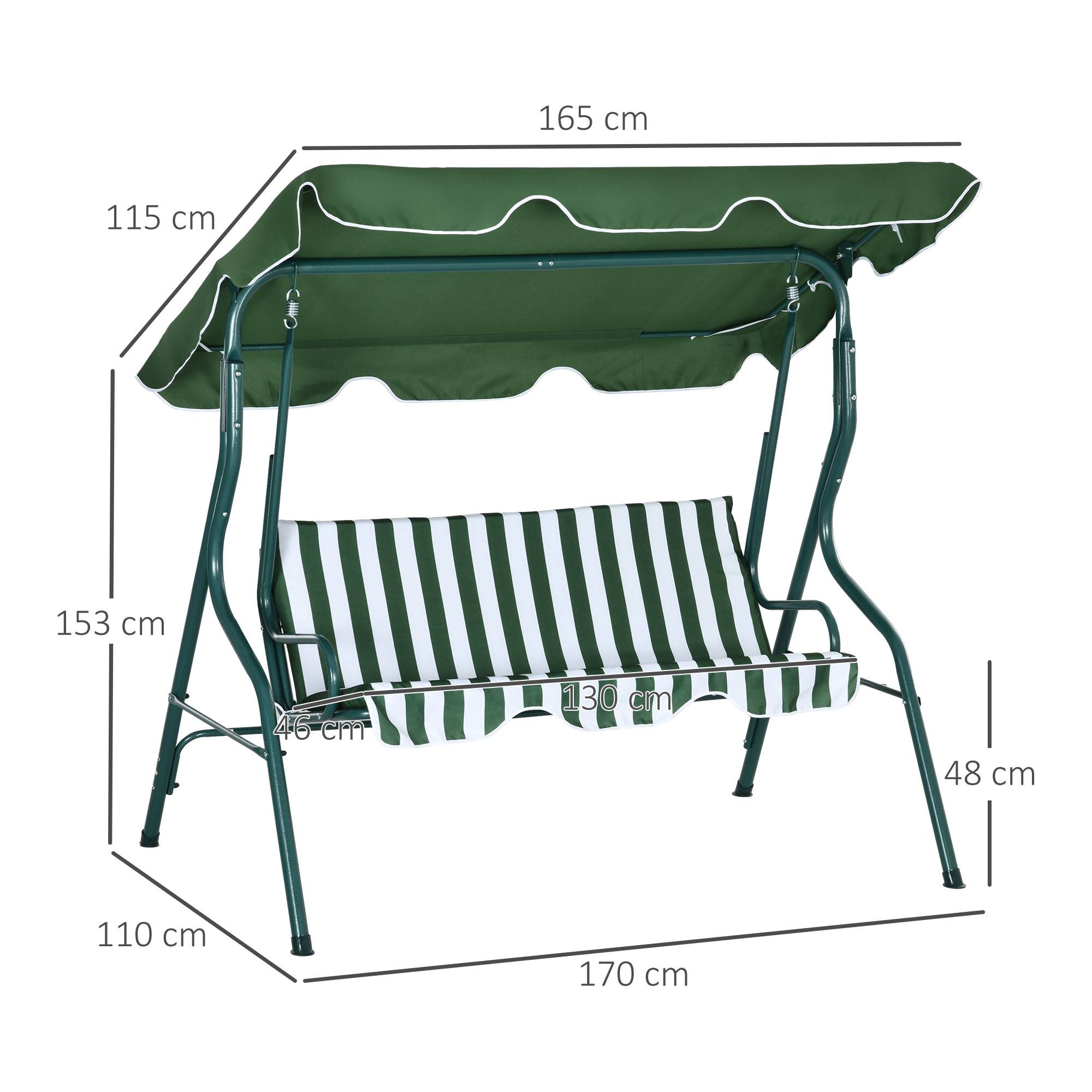 Outsunny - Balancelle de jardin 3 places coussins assise dossier vert blanc rayé - Outsunny - Image 3
