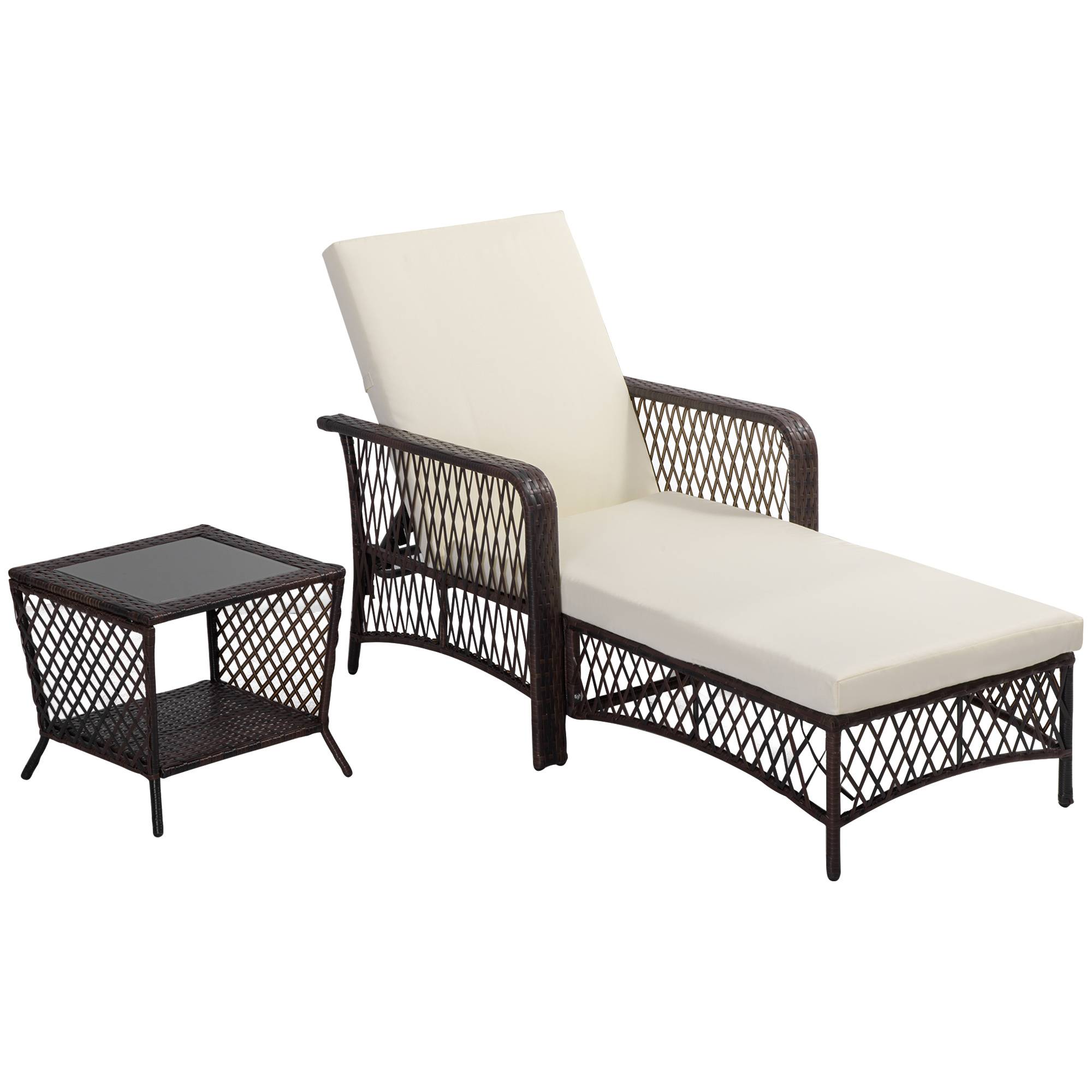 Outsunny - Bain de soleil transat design colonial avec table basse et matelas - dossier inclinable - résine tressée, polyester - marron crème - Outsunny - Image 1