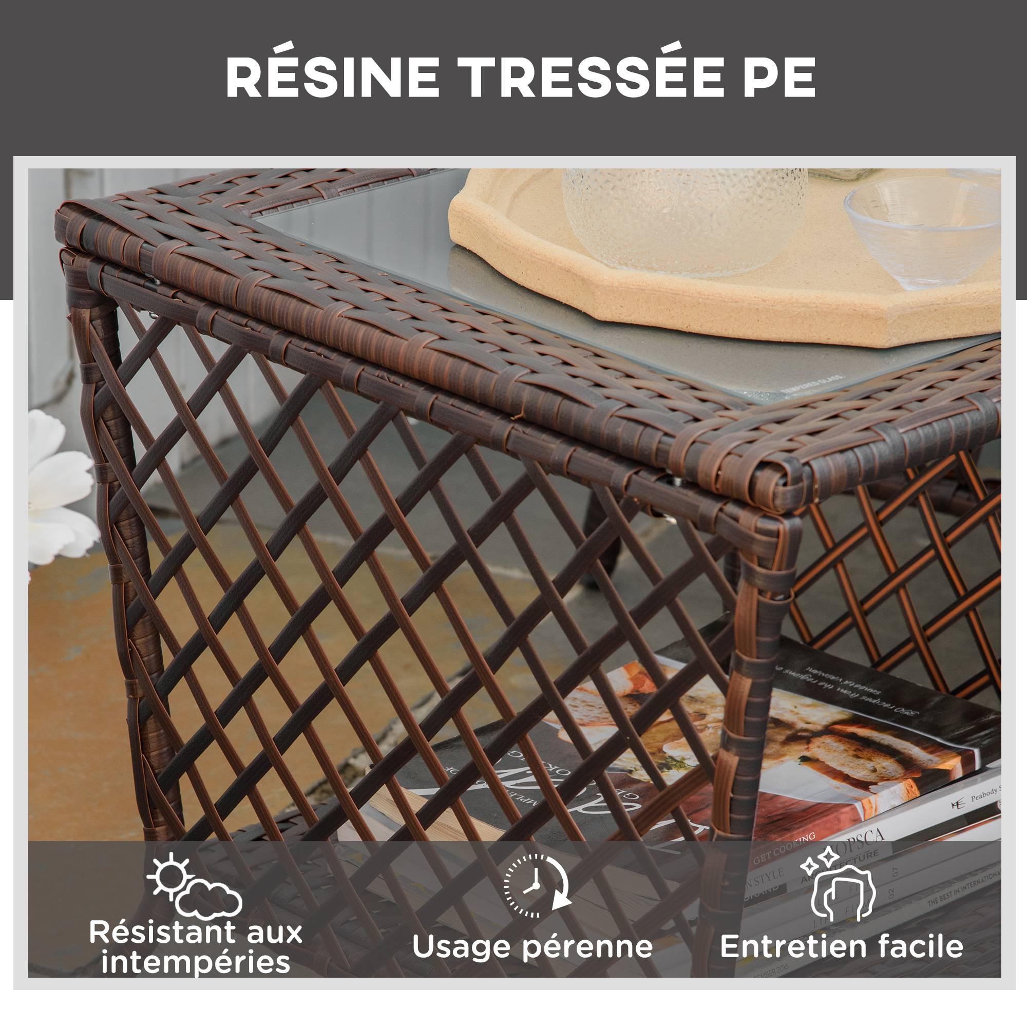 Outsunny - Bain de soleil transat design colonial avec table basse et matelas - dossier inclinable - résine tressée, polyester - marron crème - Outsunny - Image 4