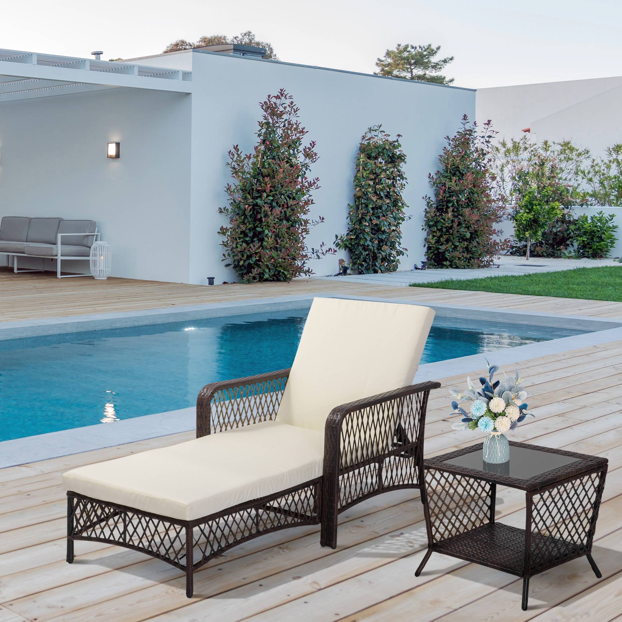 Outsunny - Bain de soleil transat design colonial avec table basse et matelas - dossier inclinable - résine tressée, polyester - marron crème - Outsunny - Image 2