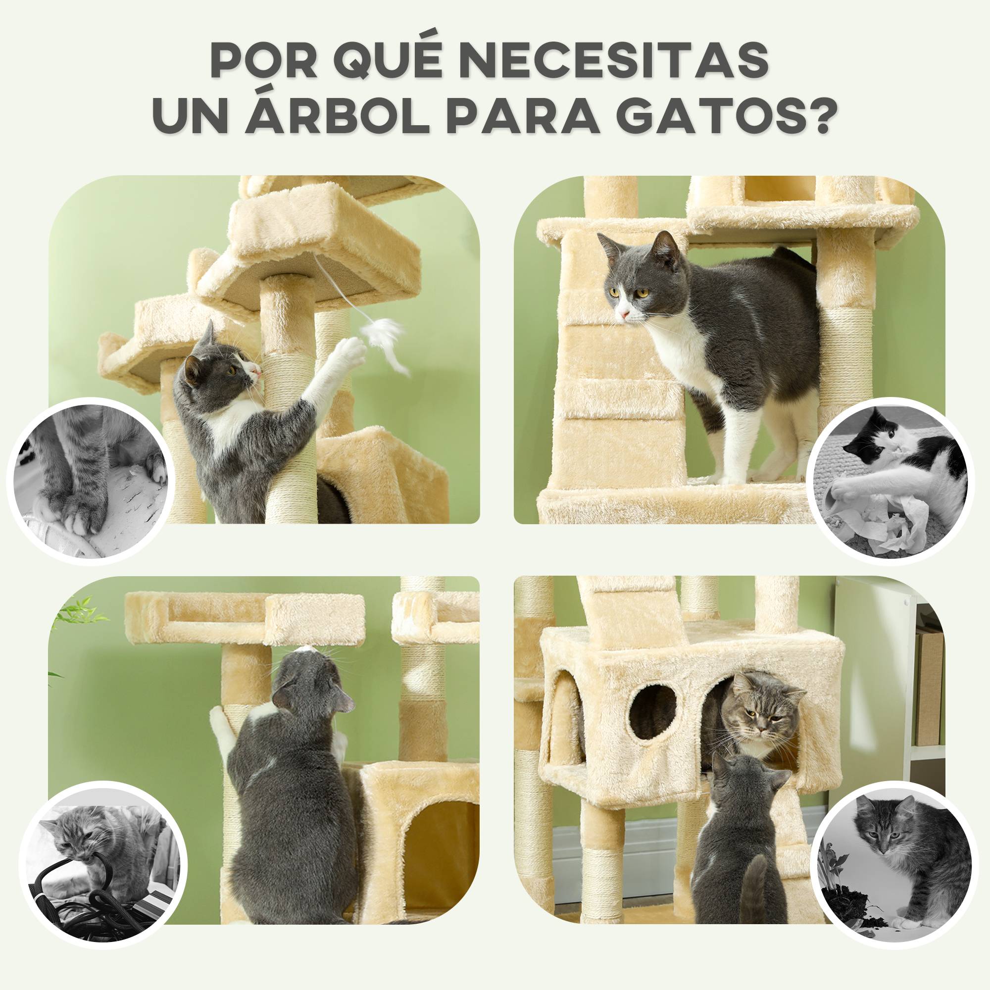 Arbre à chat à griffer, 173 cm, tour d'escalade avec 2 niches, 3 couchages, 2 rampes, poteaux en sisal, 2 souris suspendues, beige - Image 9