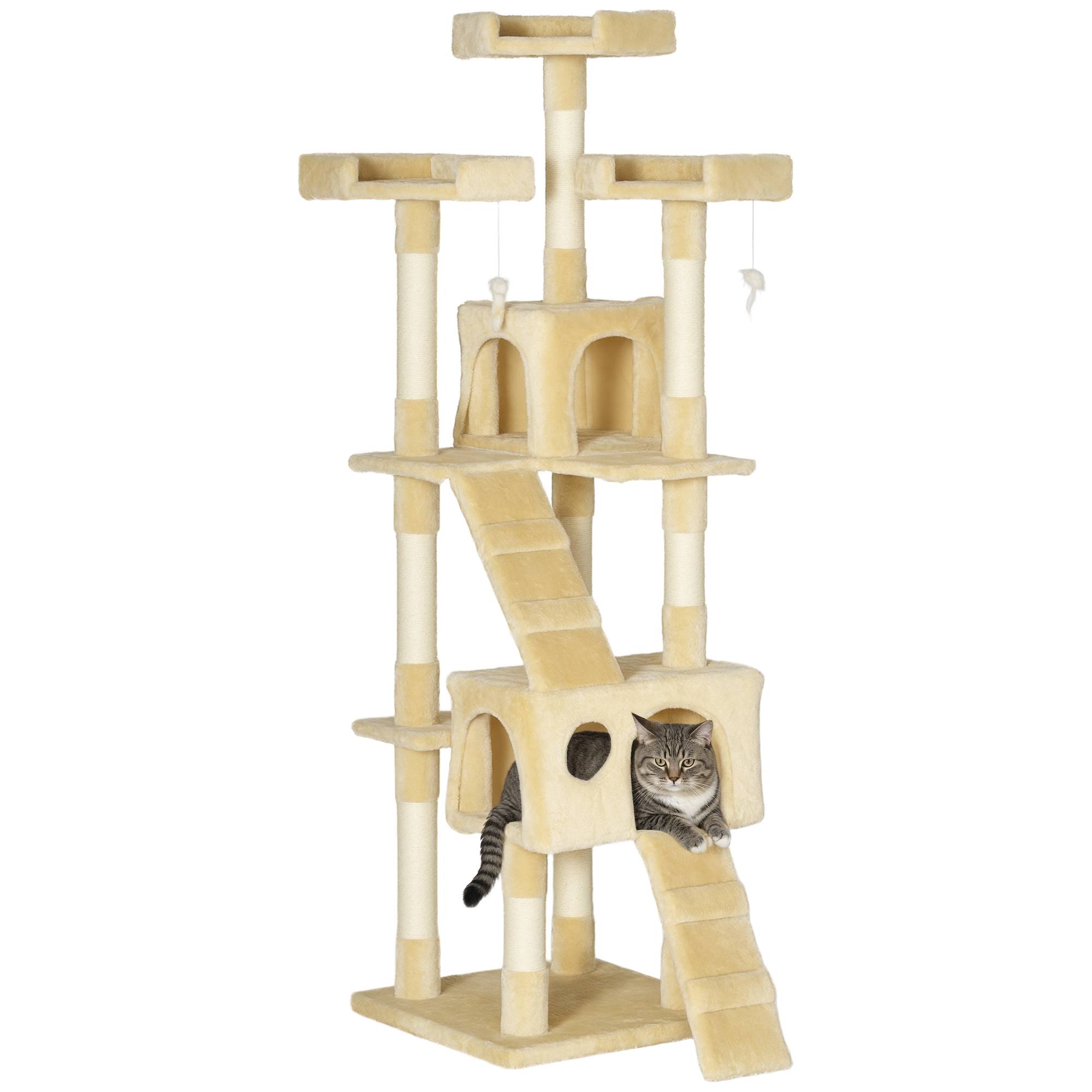 Arbre à chat à griffer, 173 cm, tour d'escalade avec 2 niches, 3 couchages, 2 rampes, poteaux en sisal, 2 souris suspendues, beige - Image 1