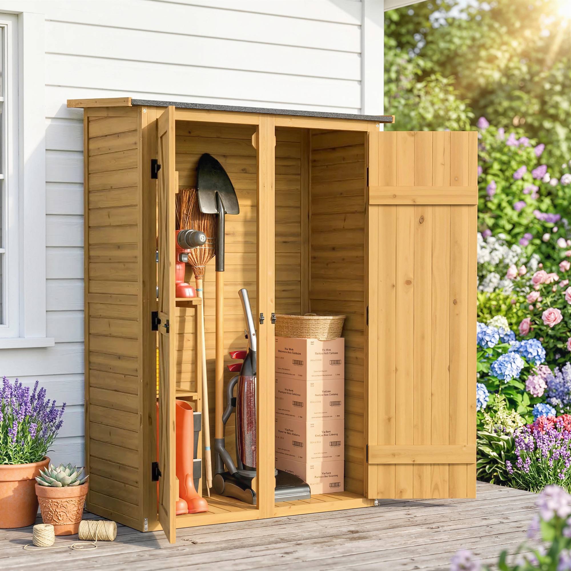 Abri de Rangement en Bois, Cabane de Jardin avec 2 Étagères, Marron - Image 3