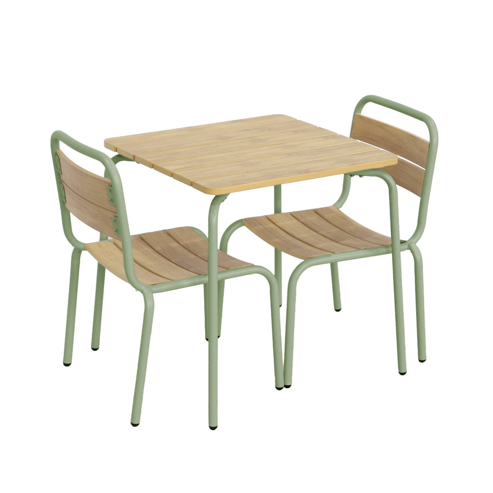 Table de jardin enfant acier et décor bois + 2 assises vert de gris - Suzie | sweeek
