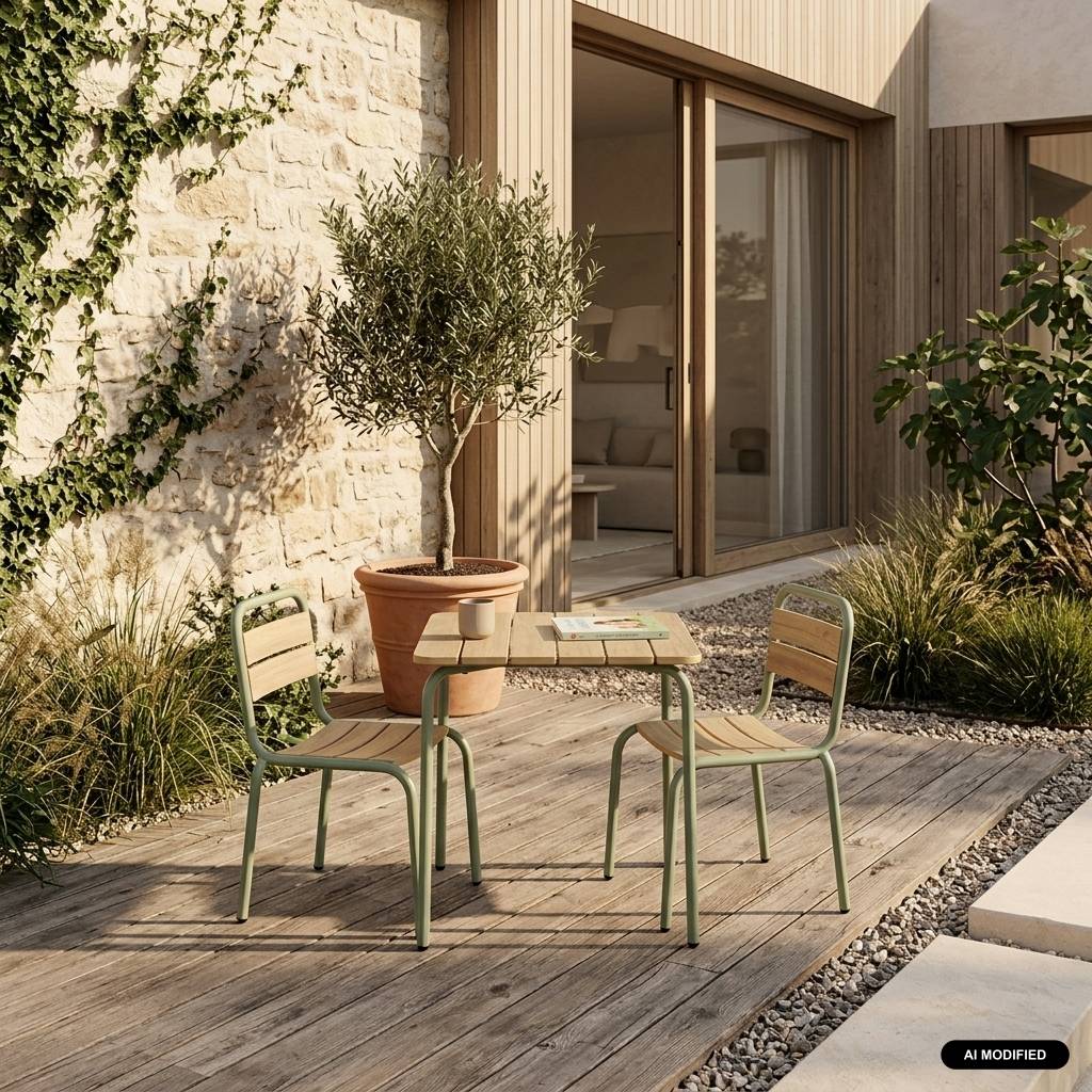 sweeek - Table de jardin enfant acier et décor bois + 2 assises vert de gris - Suzie | sweeek - Image 1