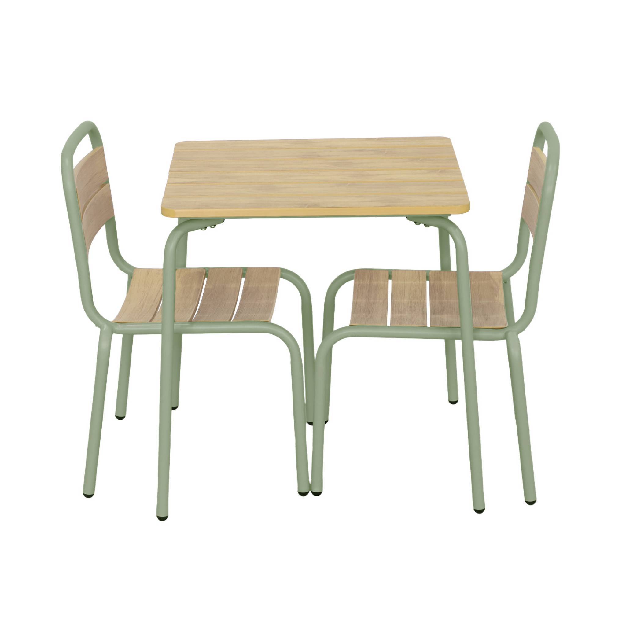 Table de jardin enfant acier et décor bois + 2 assises vert de gris - Suzie | sweeek - Image 2